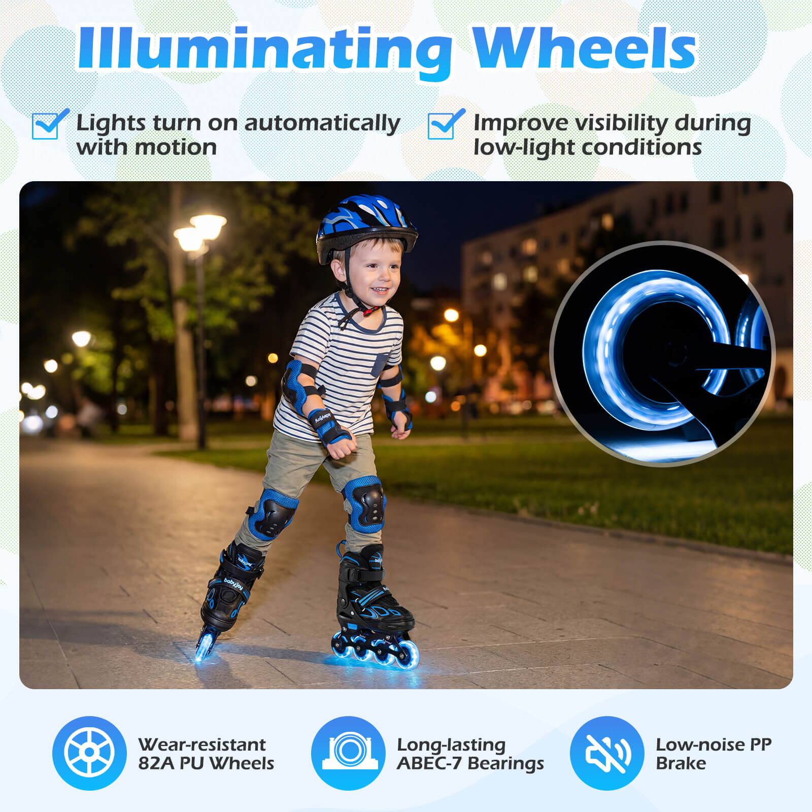 Illuminating Wheels

- Lights turn on automatically with motion
- Improve visibility during low-light conditions

- Wear-resistant 82A PU Wheels
- Long-lasting ABEC-7 Bearings
- Low-noise PP Brake