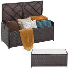 Gymax - 34 Gallon Outdoor Storage Patio Bench Patio Wicker Deck Box w/ Off White Cushion - Mix Brown