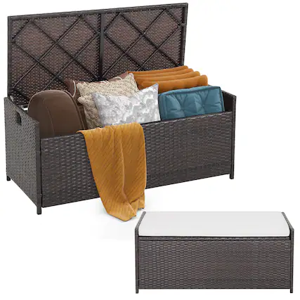 Front. Gymax - Gymax 34 Gallon Outdoor Storage Patio Bench Patio Wicker Deck Box w/ Off White Cushion - Mix Brown.