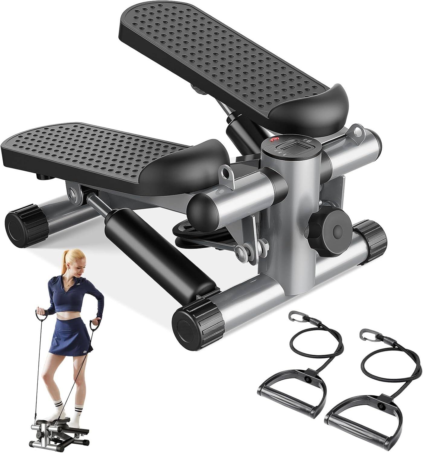 Back. Anysun - Mini Stepper with Resistance Bands, Portable Full Body Workout Stepper Machine Adjustable Foot Stepper for Fitness - Silver.