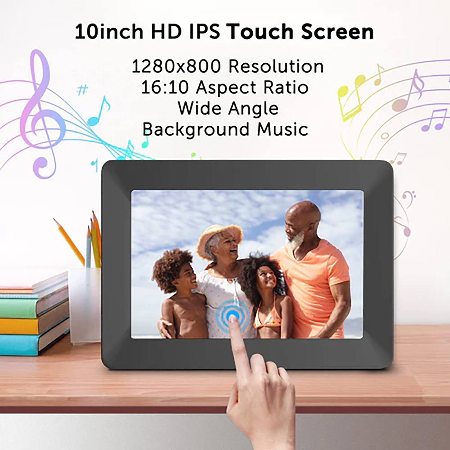 10inch HD IPS Touch Screen  
1280x800 Resolution  
16:10 Aspect Ratio  
Wide Angle  
Background Music