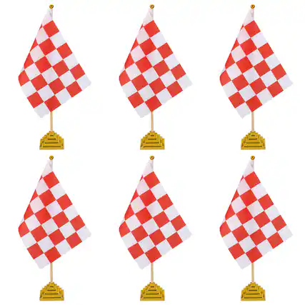 Front. Unique Bargains - 6pcs 12" R/W Checkered Table Flag for Racing/Sport Party, Bamboo Stick & Gold Square Base - Red and White Flag, Gold Base.