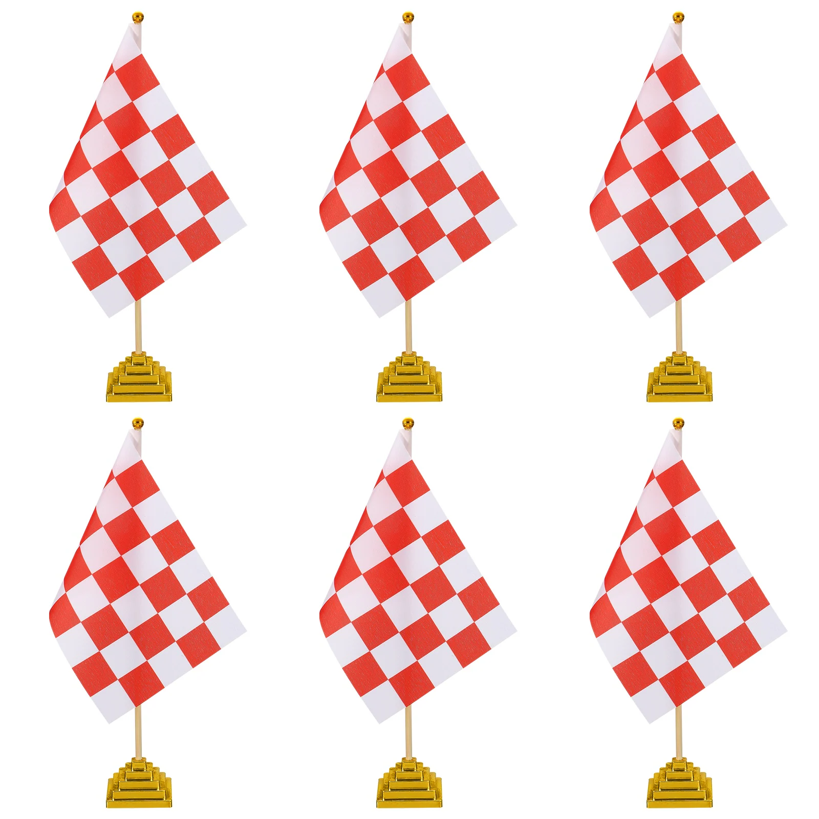 Front. Unique Bargains - 6pcs 12" R/W Checkered Table Flag for Racing/Sport Party, Bamboo Stick & Gold Square Base - Red and White Flag, Gold Base.