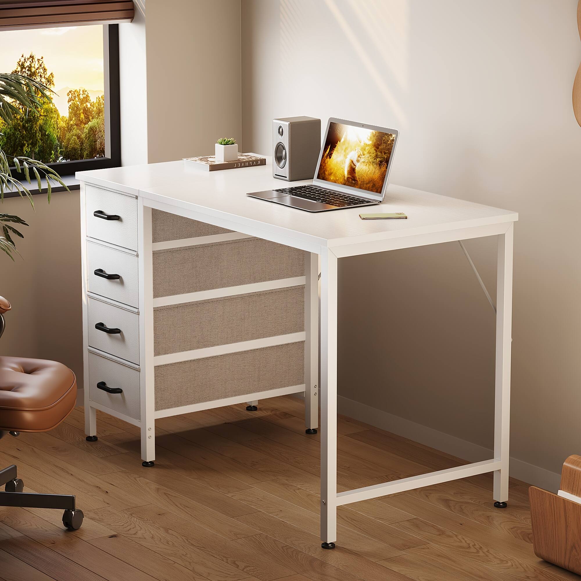 Alt View 2. AODK - 40" Small Computer Desk with 4 Fabric Drawers, Modern Writing Desk with Storage for Home Office, Bedroom & Small Spaces - White.