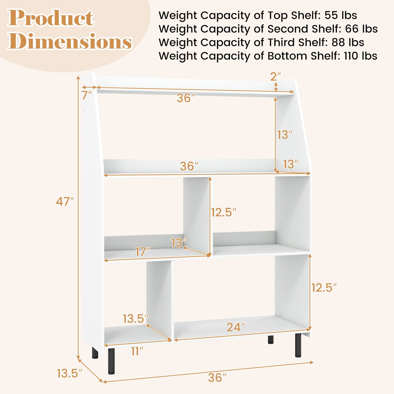 Product Weight Capacity of Top Shelf: 55 lbs  
Weight Capacity of Second Shelf: 66 lbs  
Weight Capacity of Third Shelf: 88 lbs  
Weight Capacity of Bottom Shelf: 110 lbs  

Dimensions:  
2" x 7" x 36" x 13" x 36" x 13" x 47" x 12.5" x 17" x 13" x 12.5" x 13.5" x 24" x 11" x 13.5" x 36"