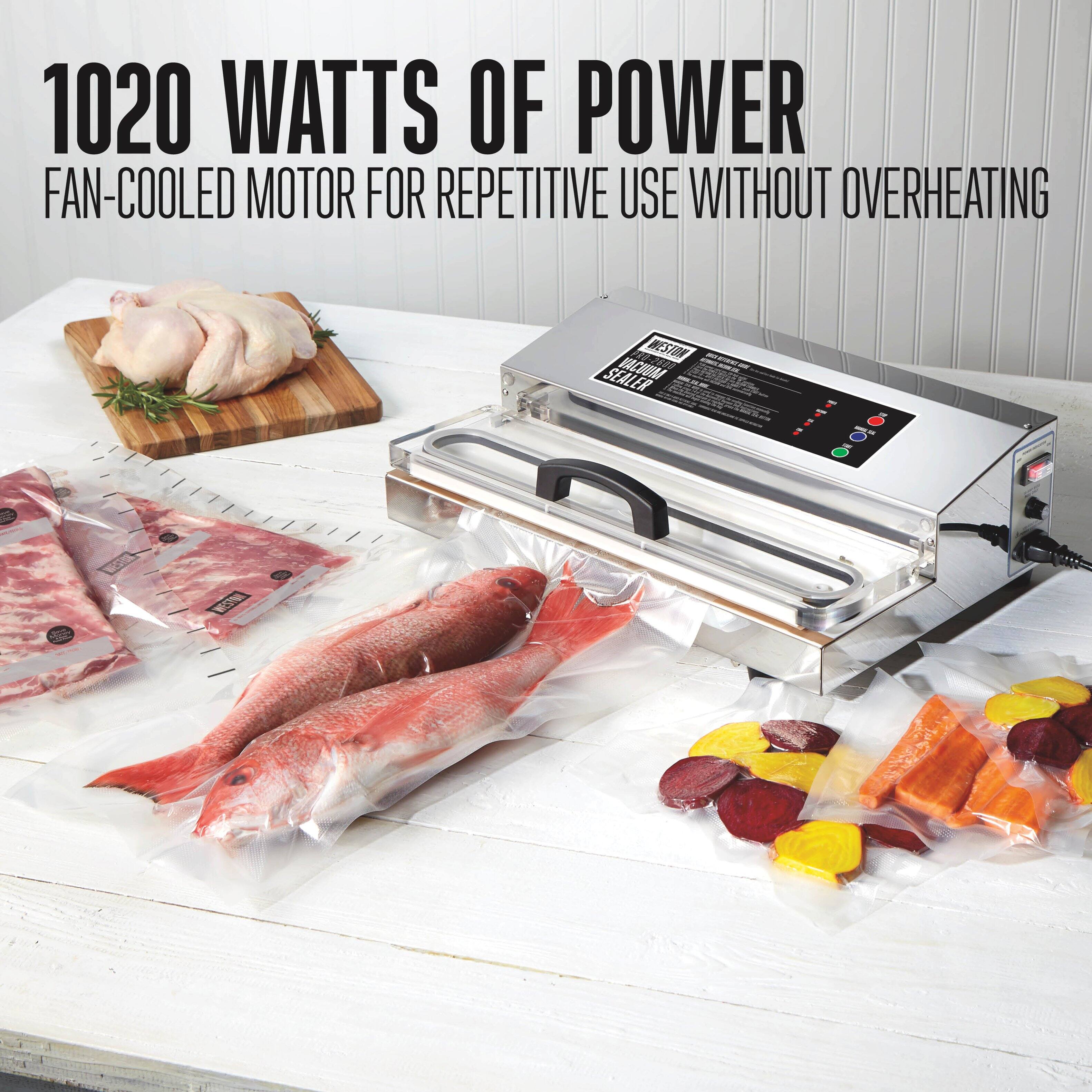 1020 WATTS OF POWER  
FAN-COOLED MOTOR FOR REPETITIVE USE WITHOUT OVERHEATING  

WESTON 2808 FREE TOROSTER - VACUUM - SEALER  
WESTON