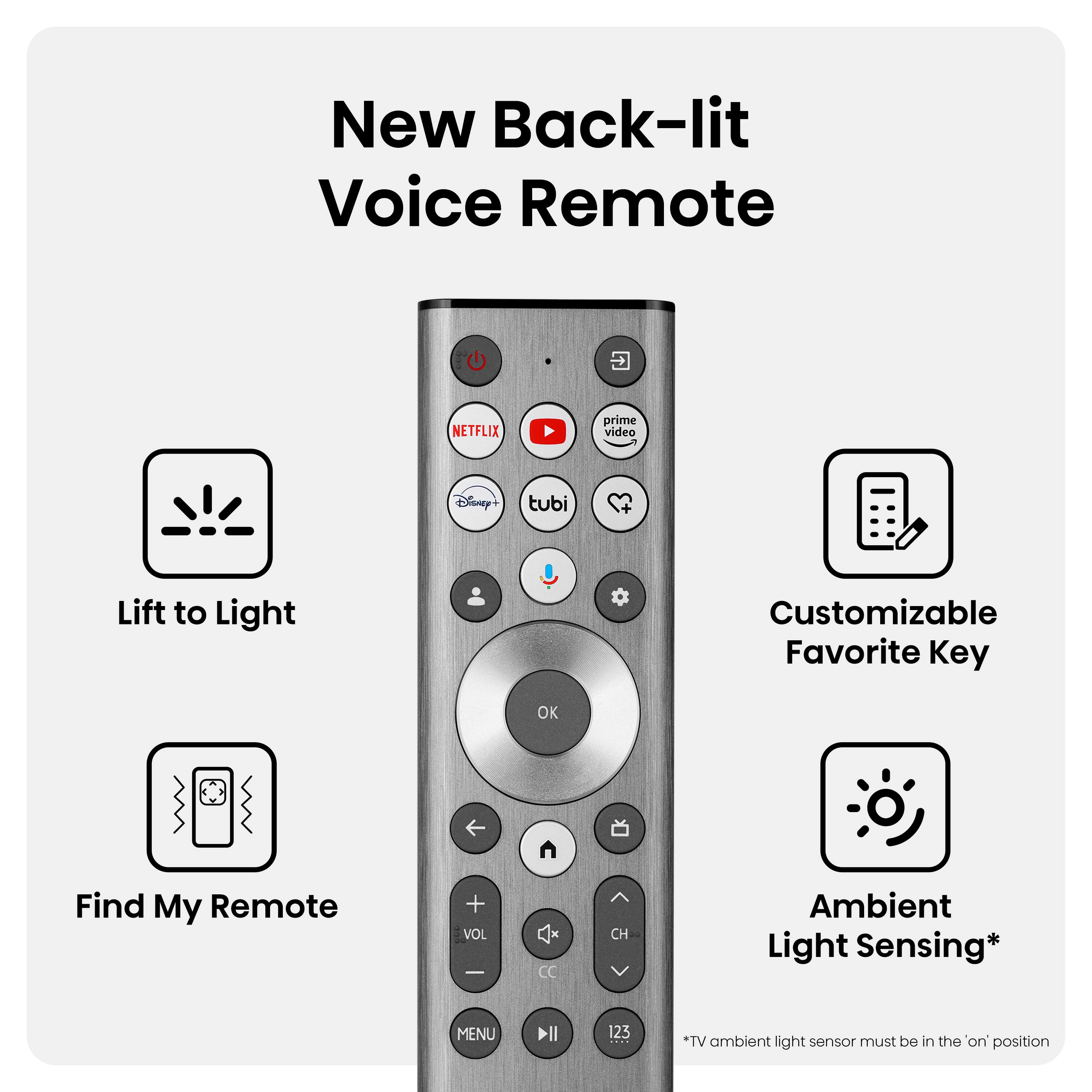 New Back-lit Voice Remote: Featuring Netflix, Prime Video, Disney+, Tubi, and Customizable Favorite Key. The remote also includes a Find My Remote feature and Ambient Light Sensing for a more comfortable viewing experience.