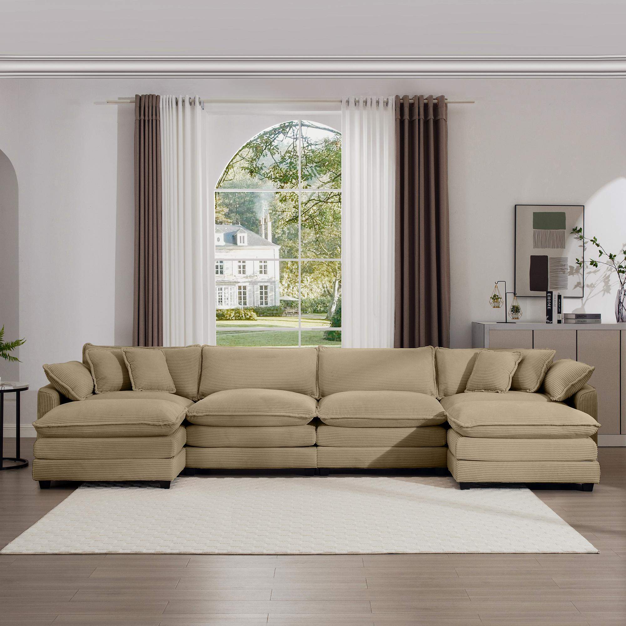 Back. LOVMOR - Corduroy Sofa Modern Upholstered 4 Seater with 3 Footstools Corduroy Fabric Sofa Office Living Room Apartment - Tan.