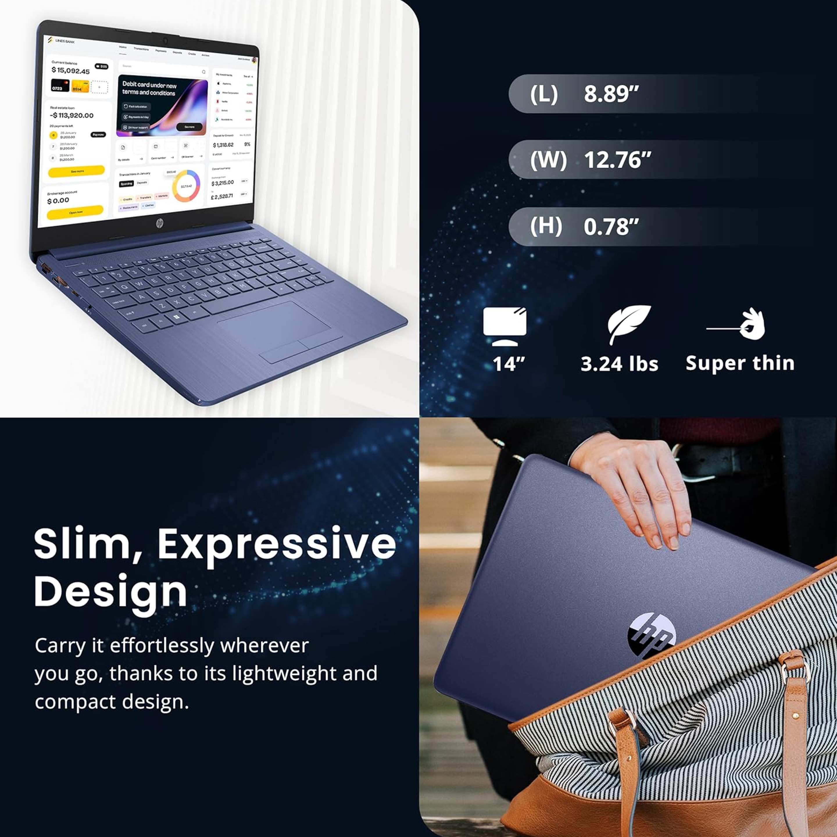 i + 15.092.45 - - -8 ma,9200 CHO care i nm and conditions (L) 8.89" | FUMAI HN - (W) 12.76" $0.00 Mm (H) 0.78" . - a - 1 . 14" 3.24 lbs Super thin Slim, Expressive Design Carry it effortlessly wherever you go, thanks to its lightweight and compact design.
