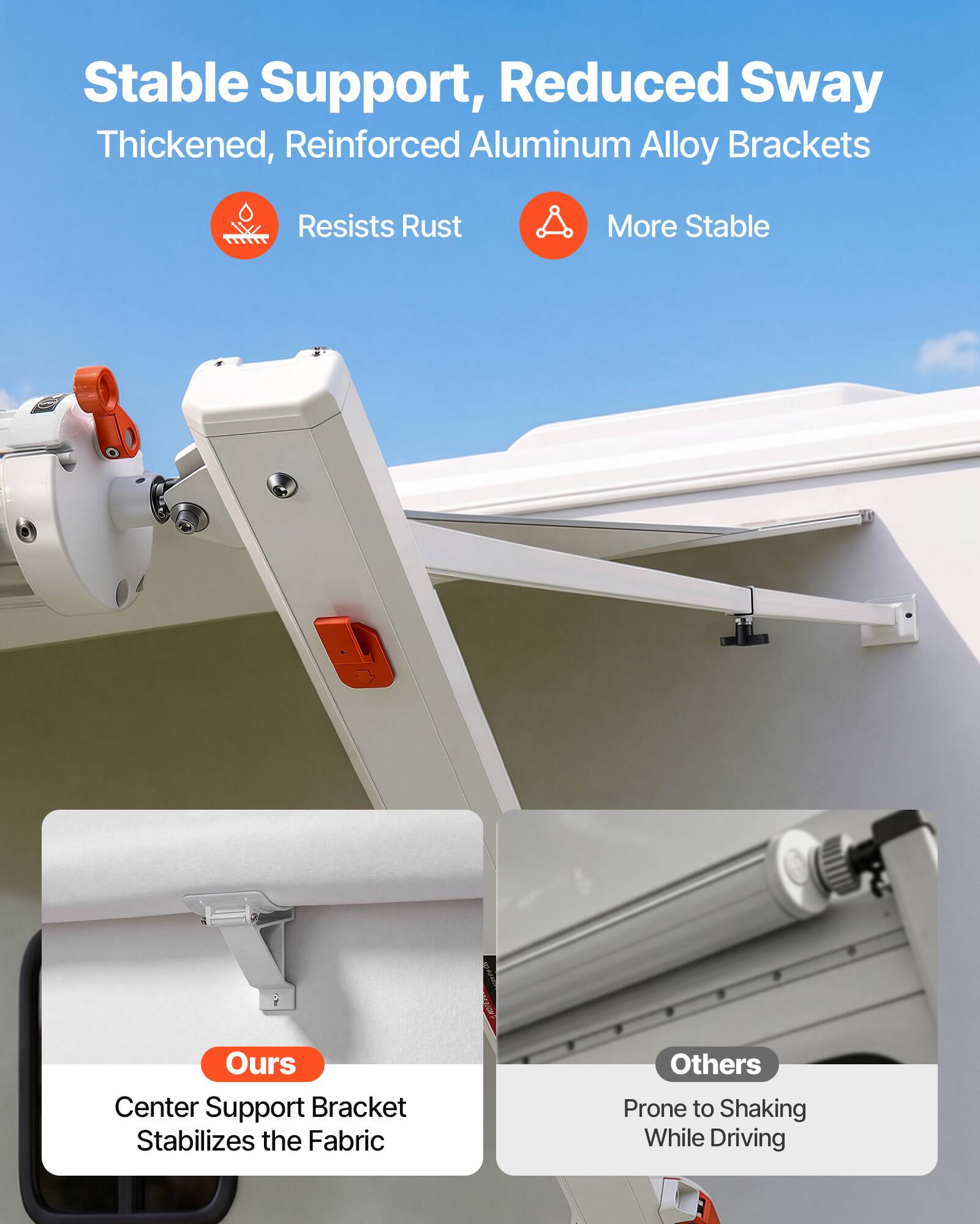 Stable Support, Reduced Sway  
Thickened, Reinforced Aluminum Alloy Brackets  
Resists Rust  
More Stable  

Ours  
Center Support Bracket Stabilizes the Fabric  

Others  
Prone to Shaking While Driving