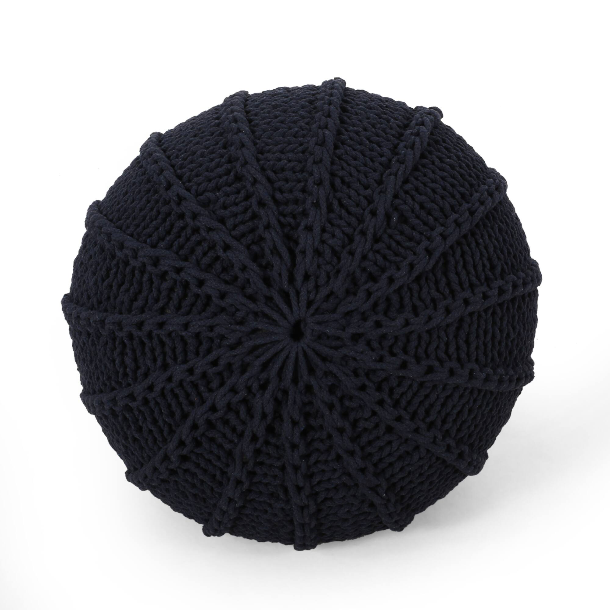 Left. GOODSILO - Knitted Cotton Round Pouf Ottoman Floor Cushion Stylish Home Decor Accessory - Dark Blue.