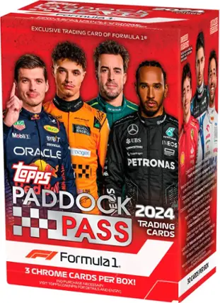 The image features a box of Formula 1 trading cards, which includes five cards of Formula 1 drivers. The box is designed to hold three chrome cards, and it is an exclusive trading card of Formula 1. The box also contains a trading card of Paddock Pass, which is a popular collectible among Formula 1 fans. The box is available for purchase at Topps.com, and it is a great way for fans to collect and enjoy their favorite drivers and teams.