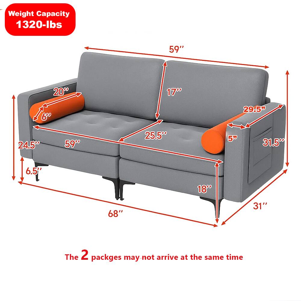 Weight Capacity: 1320-lbs

Dimensions:
- Length: 68"
- Width: 59"
- Height: 31"
- Seat Depth: 25.5"
- Armrest Height: 20"
- Back Height: 29.5"
- Seat Height: 5.5"
- Armrest Width: 24.5"
- Side Table Width: 17"
- Side Table Depth: 5"
- Side Table Height: 18"
- Cushion Thickness: 6"

Note: The 2 packages may not arrive at the same time.