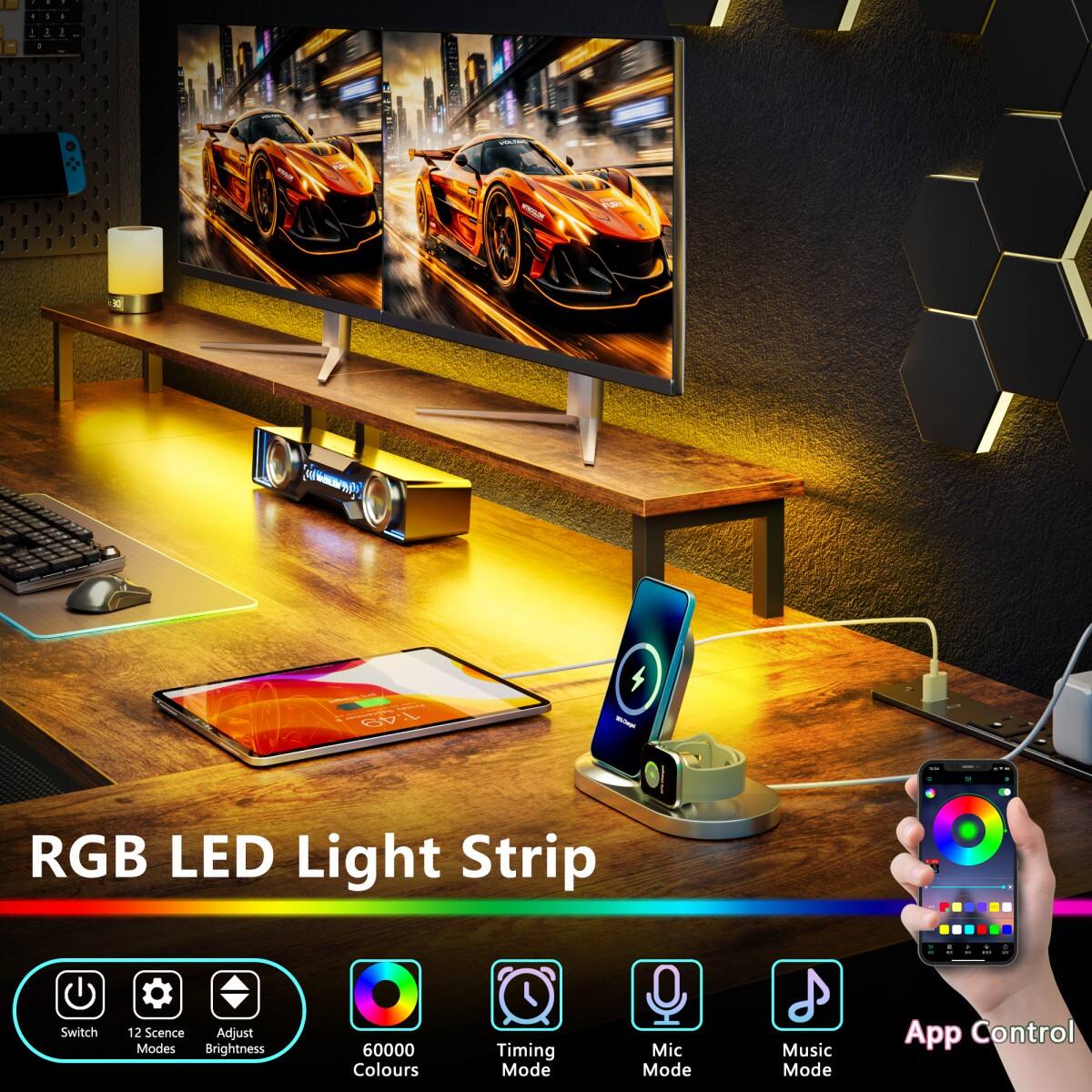 RGB LED Light Strip

Switch
12 Scene Adjust Modes Brightness
60000 Colours
Timing Mode
Mic Mode
Music Mode
App Control
