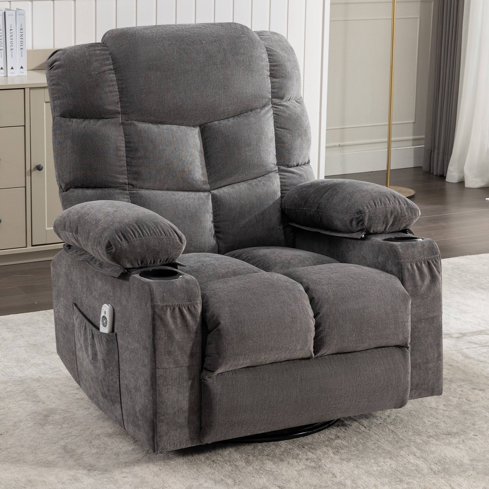 The text "Kinfolk" is not present in the image. The image shows a gray recliner chair with a footrest.