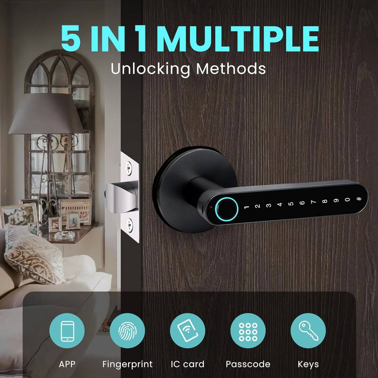 5 IN 1 MULTIPLE Unlocking Methods

Unlocking Methods

- APP
- Fingerprint
- IC card
- Passcode
- Keys