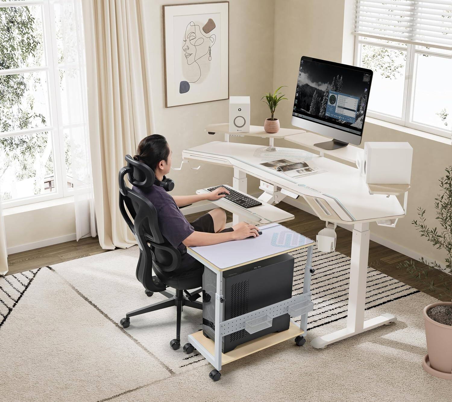 Angle. Eureka Ergonomic - 2-Tier Height Adjustable Mobile PC Tower Stand with Printer Shelf & Pegboard Maple - Maple.