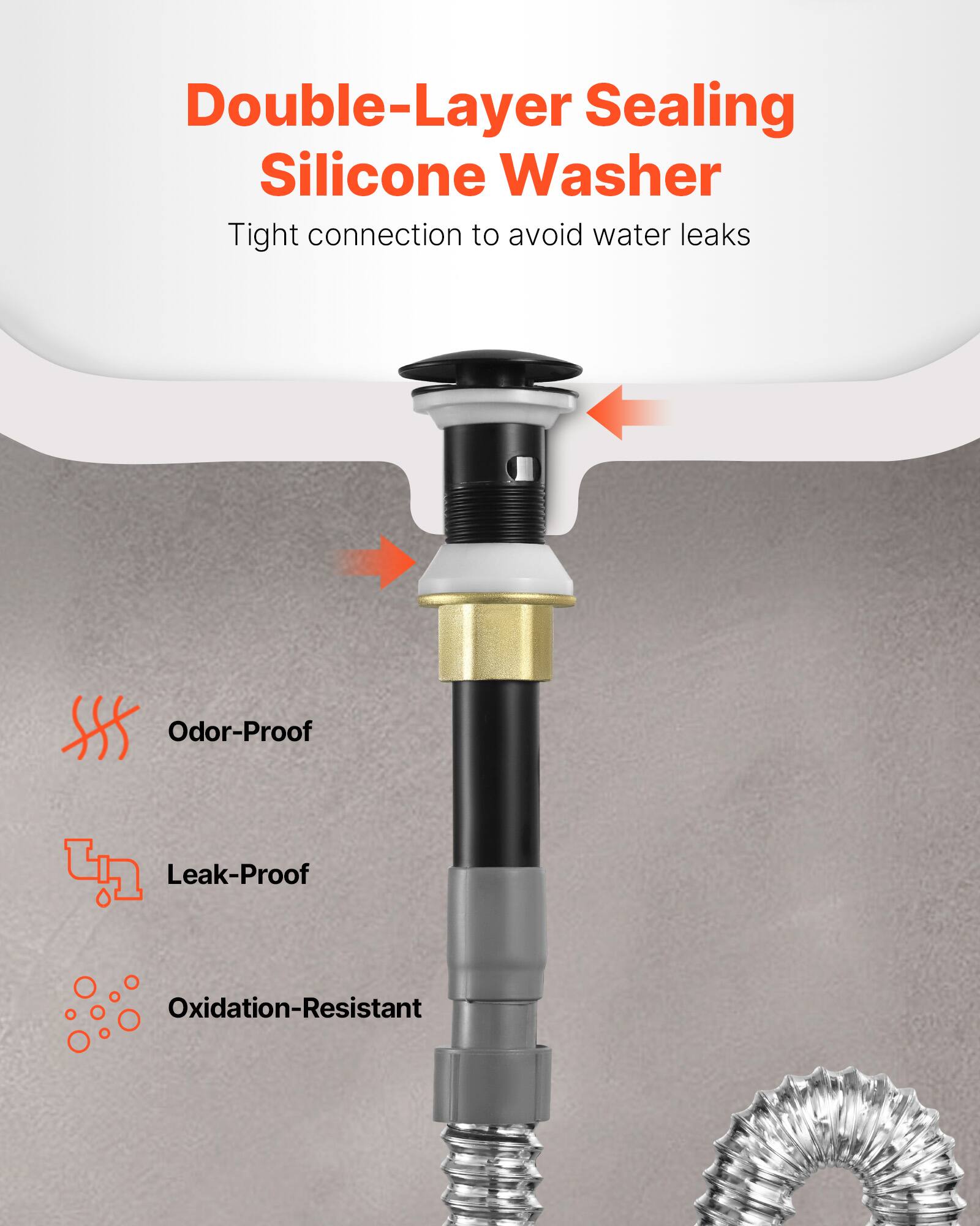 Double-Layer Sealing Silicone Washer: Tight connection to avoid water leaks. Features: Odor-Proof, Leak-Proof, Oxidation-Resistant.