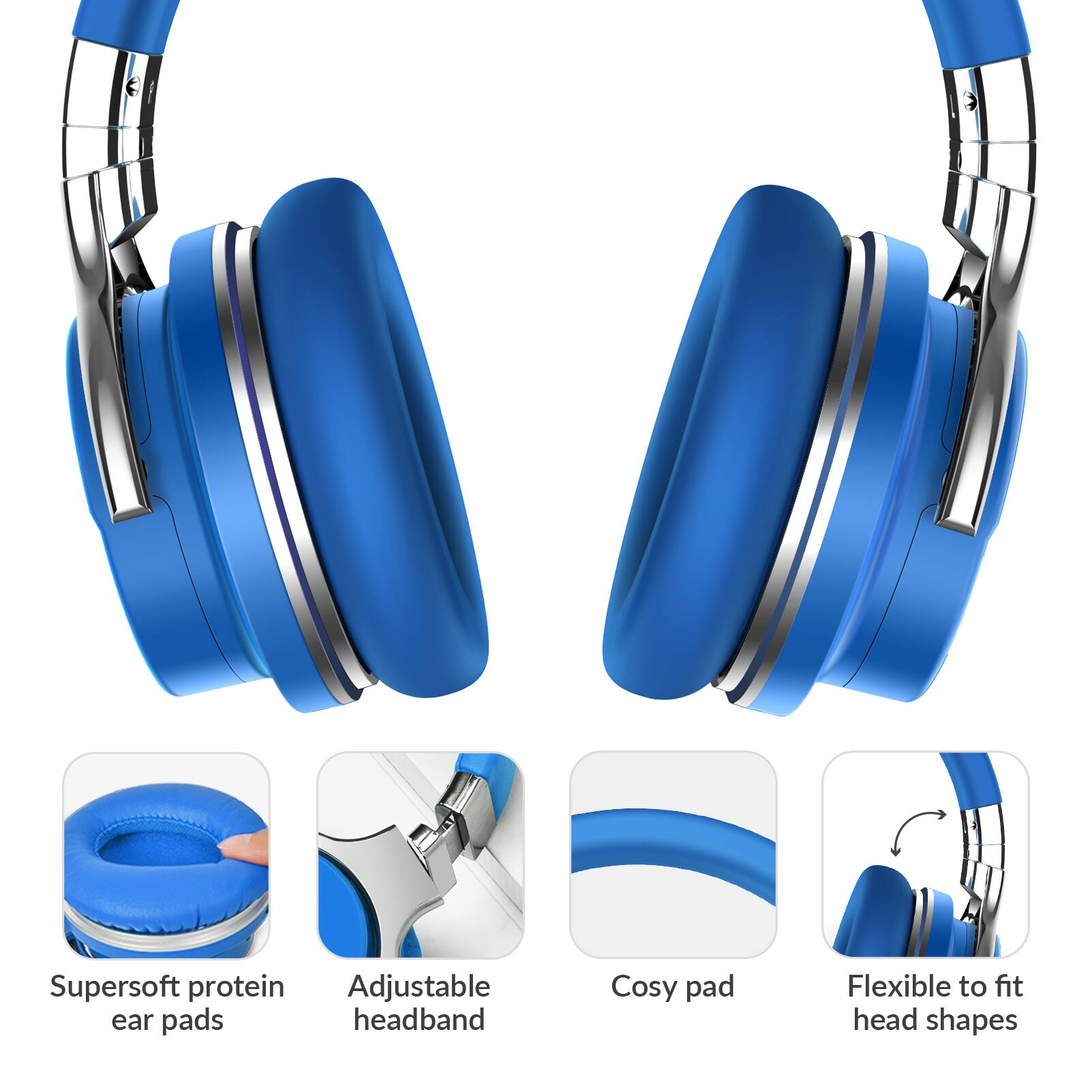 - Supersoft protein ear pads
- Adjustable headband
- Cosy pad
- Flexible to fit head shapes