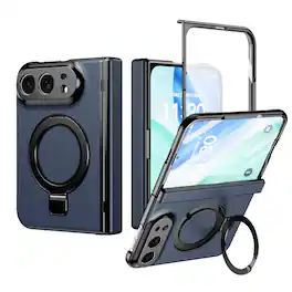 Dteck - Magnetic Case for Apple iPhone Duo Built-in Screen Protector, Shockproof Leather Hinge Protection Cover Ring Kickstand - Blue