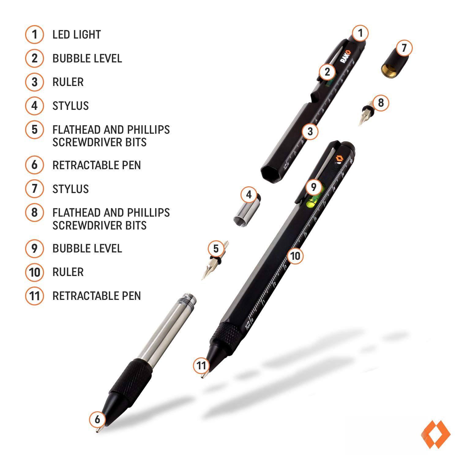 1. LED LIGHT  
2. BUBBLE LEVEL  
3. RULER  
4. STYLUS  
5. FLATHEAD AND PHILLIPS SCREWDRIVER BITS  
6. RETRACTABLE PEN  
7. STYLUS  
8. FLATHEAD AND PHILLIPS SCREWDRIVER BITS  
9. BUBBLE LEVEL  
10. RULER  
11. RETRACTABLE PEN