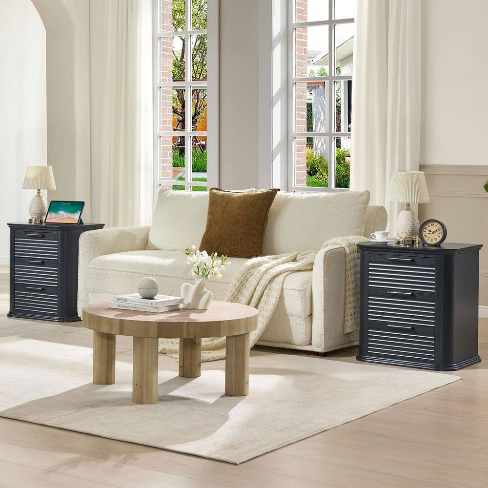 Alt View 1. Kadyn - Resenkos 22" Wide Fluted Nightstand with Charging Station, 3-Drawer Wood End Table for Bedroom & Living Room - Black.