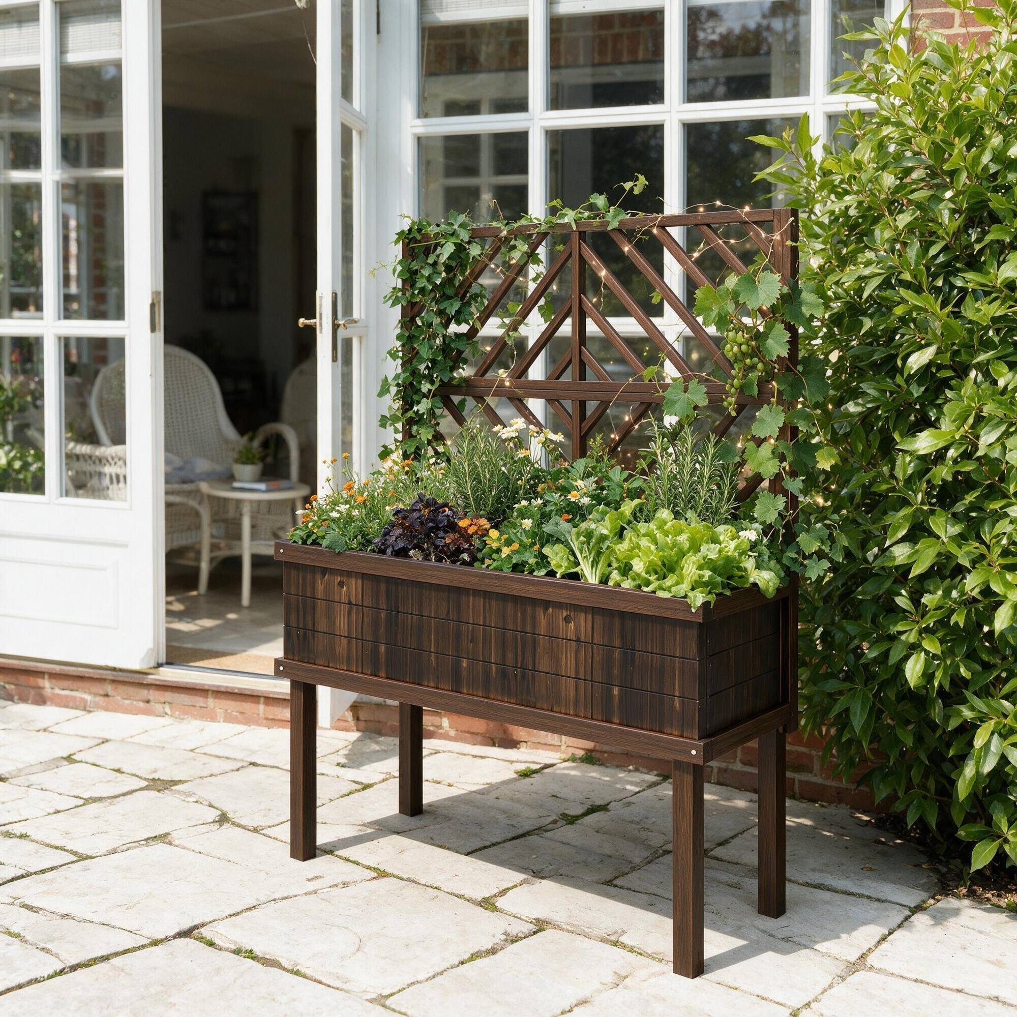 Left. RYHNUYNE - Outsunny Raised Garden Bed with Trellis for Climbing Plants, Carbonized Fir Wood Planter with Legs, Drainage Holes - Brown.