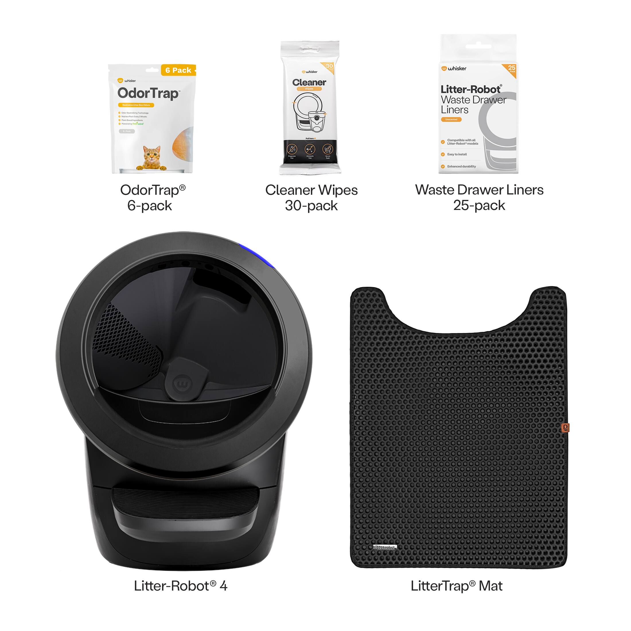 - OdorTrap 6-pack
- Cleaner Wipes 30-pack
- Waste Drawer Liners 25-pack
- Litter-Robot 4
- LitterTrap Mat