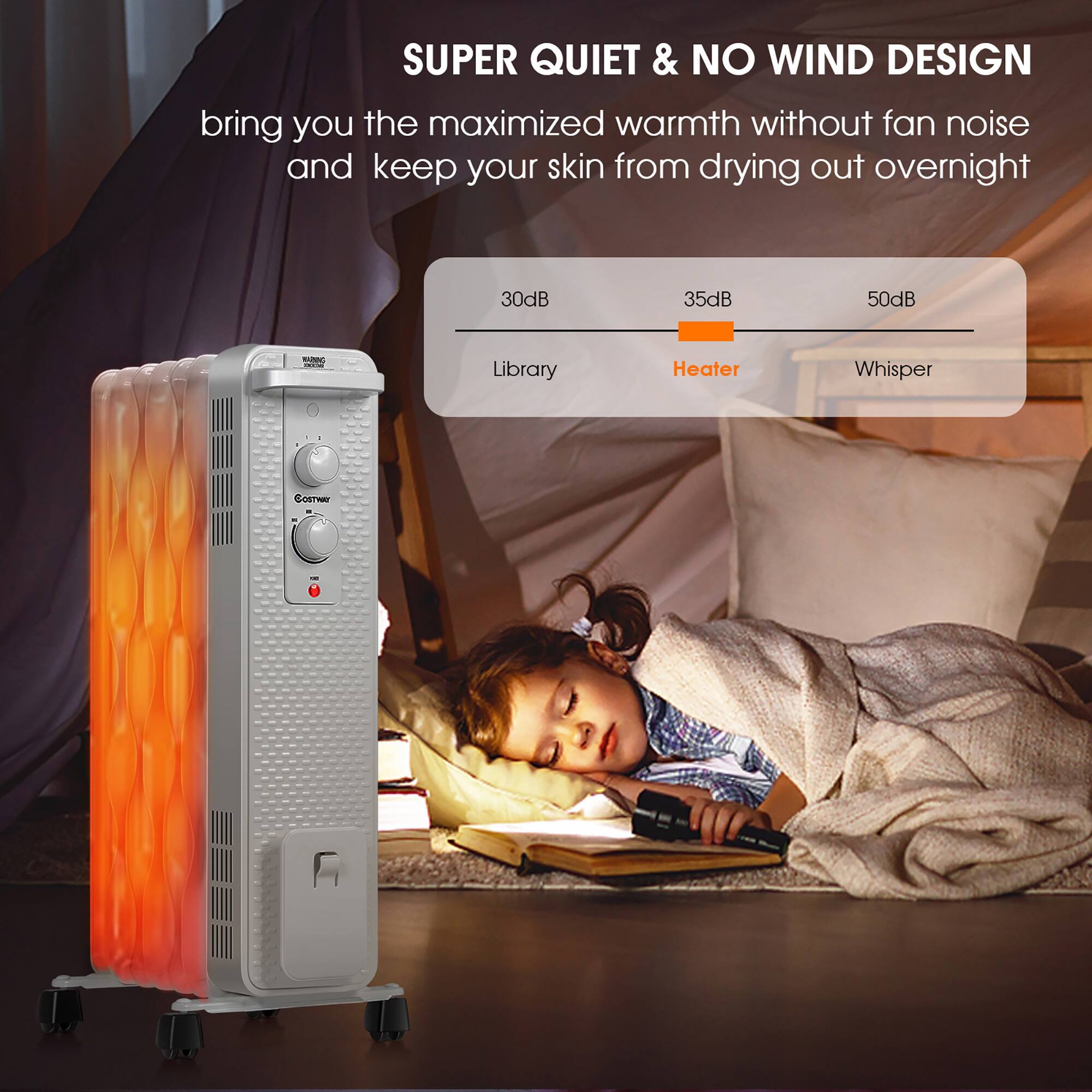 SUPER QUIET & NO WIND DESIGN  
bring you the maximized warmth without fan noise and keep your skin from drying out overnight  

30dB  
Library  

35dB  
Heater  

50dB  
Whisper