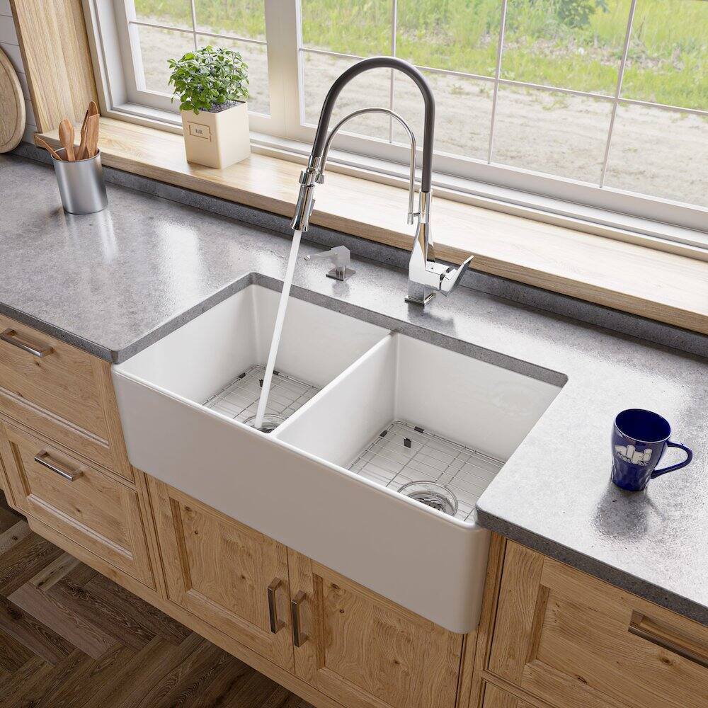 Alt View 4. Alfi - ALFI brand White Smooth Apron 33 x 18 Double Bowl Fireclay Farm Sink - White.