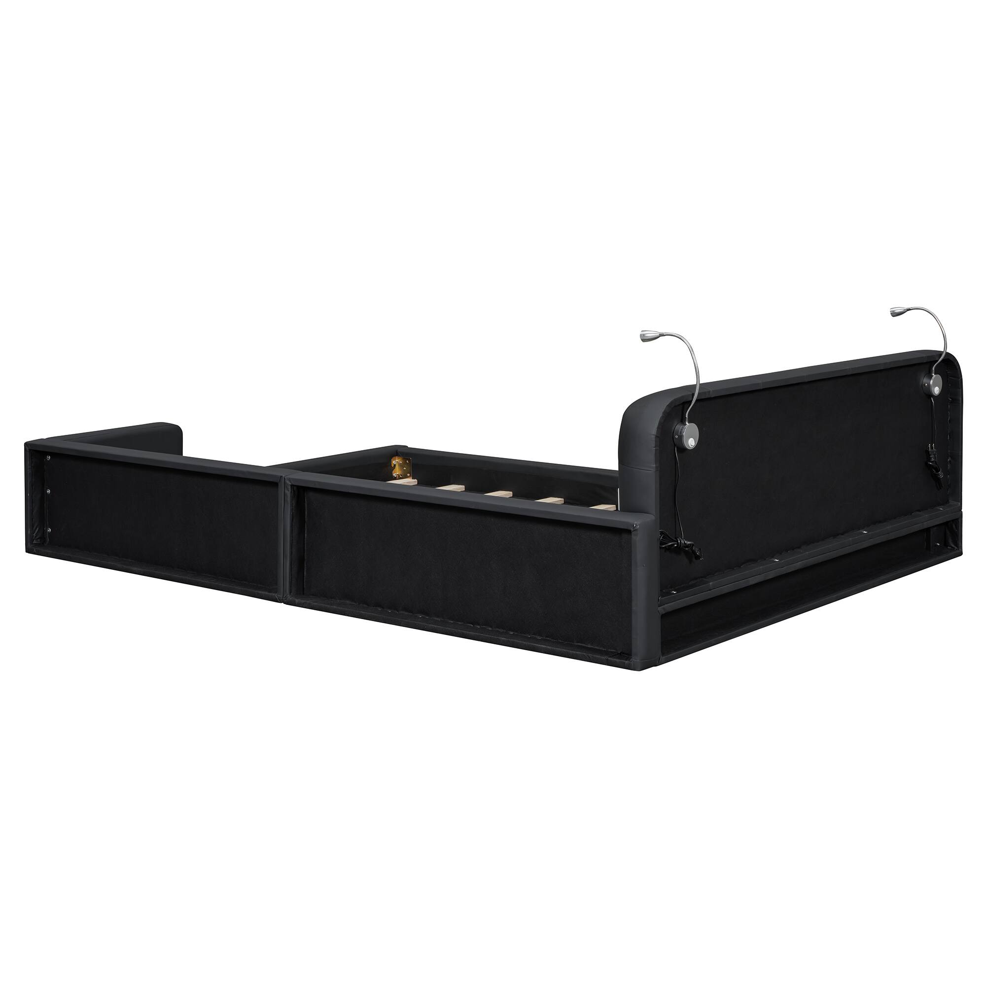 Alt View 6. Tiramisubest - Queen Size Upholstered Platform Bed with 2 Reading Lights, Black - Black.