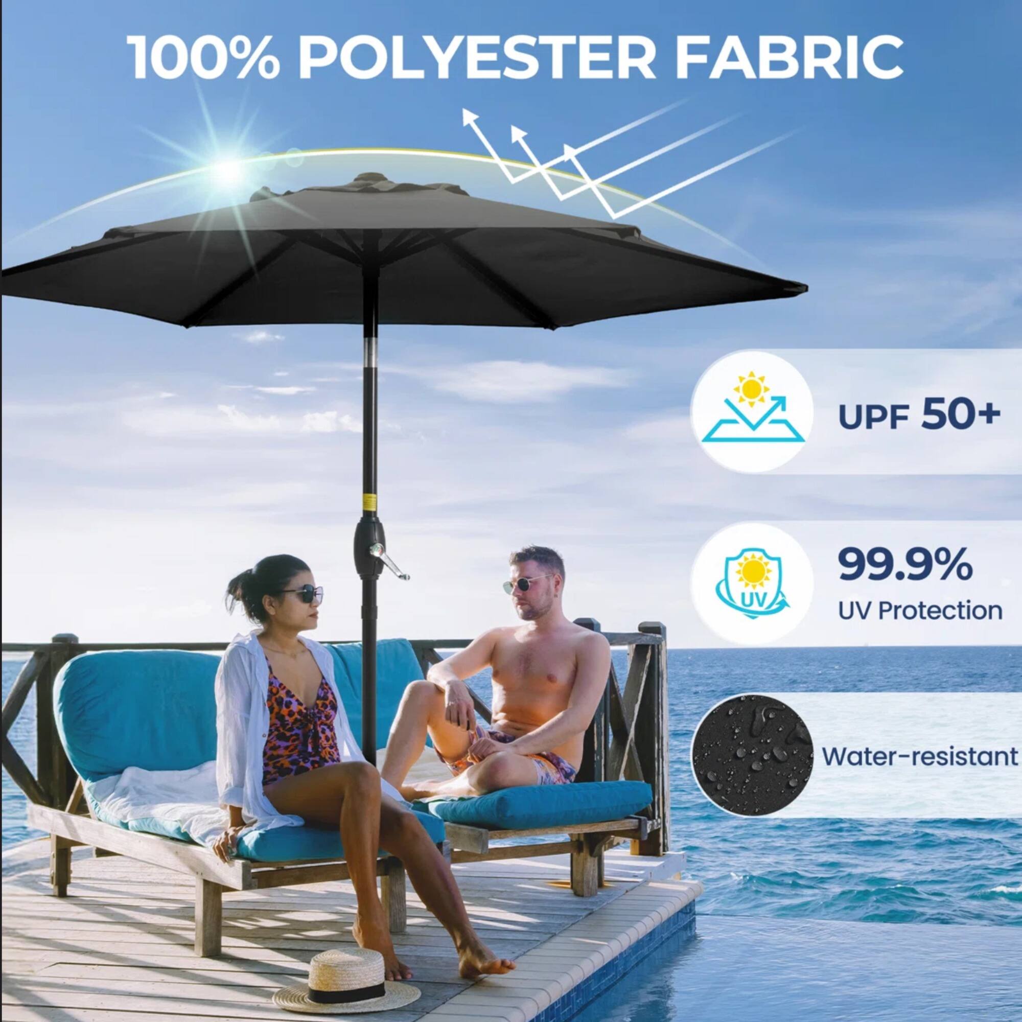 100% POLYESTER FABRIC  
UPF 50+  
99.9% UV Protection  
Water-resistant