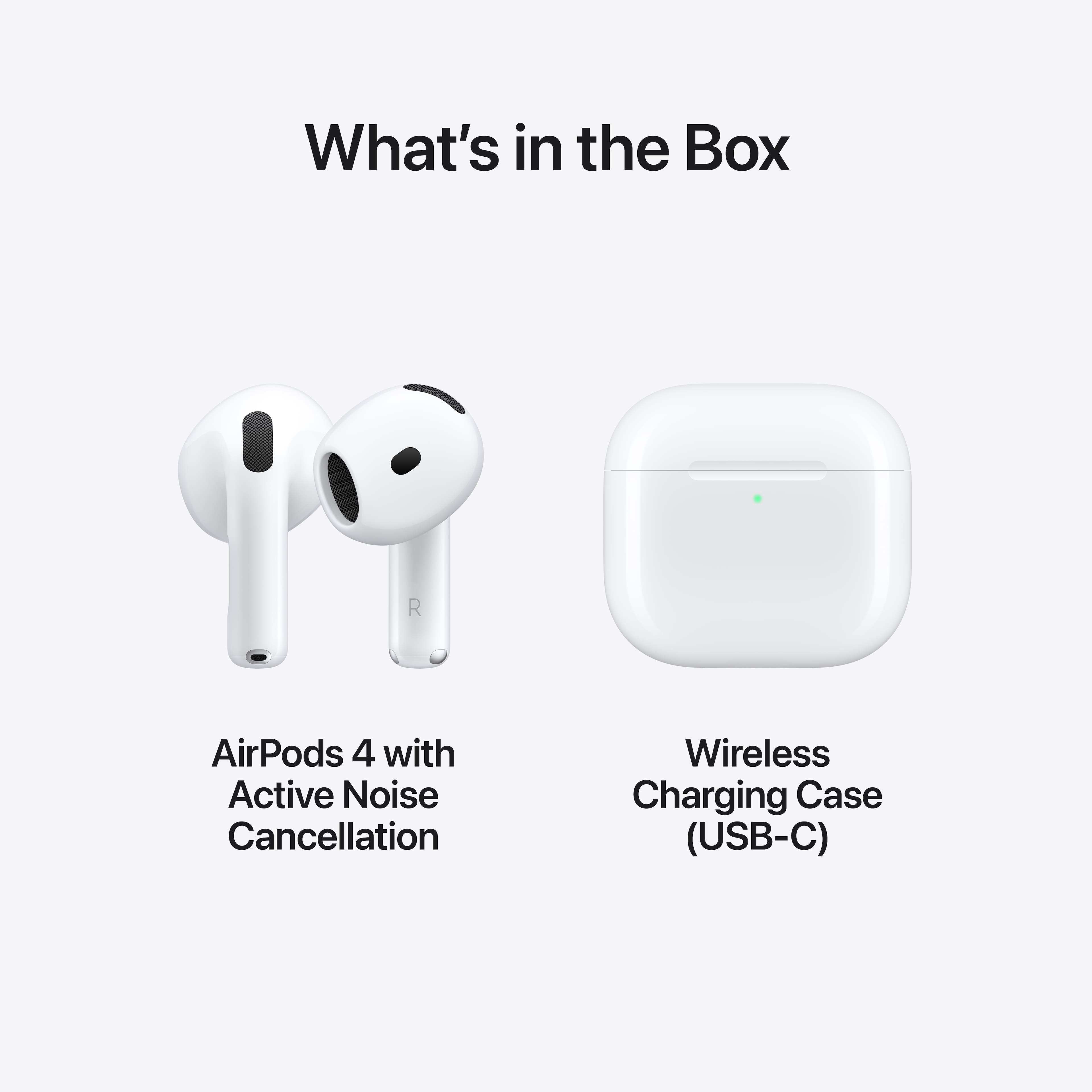 What's in the Box: AirPods 4 with Active Noise Cancellation and Wireless Charging Case (USB-C).