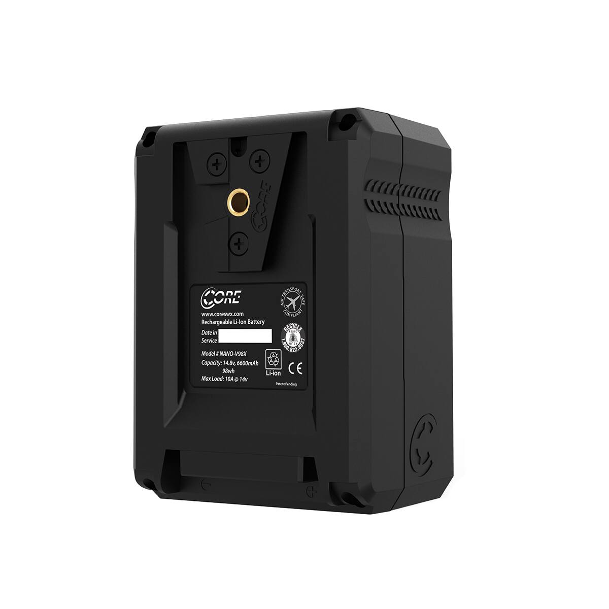 CADE OIL  
www.coreswx.com  
Rechargeable Li-lon Battery  
Date in Service  

CHAMPIONS COMMENT RECTION  
Model NANO-V98X  
Capacity: 4.8v, 6600mAh 98wh Li-ion  
CE  
Max Load: 10A @ 14v  
Pending