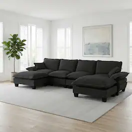 Anysun - U-Shape Chenille Cloud Sectional - 6-Seater Sailboat Design with Movable Ottomans for Living Room & Apartment - Black