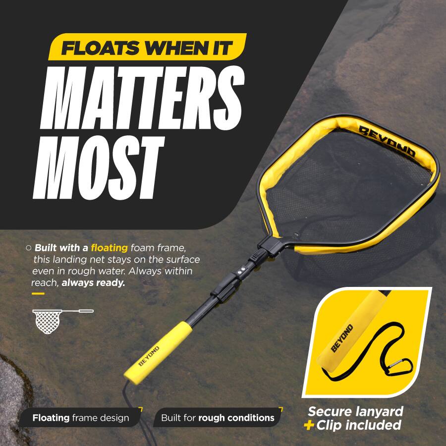 FLOATS WHEN IT MATTERS MOST

Built with a floating foam frame, this landing net stays on the surface even in rough water. Always within reach, always ready.

- Floating frame design
- Built for rough conditions
- Secure lanyard + Clip included
