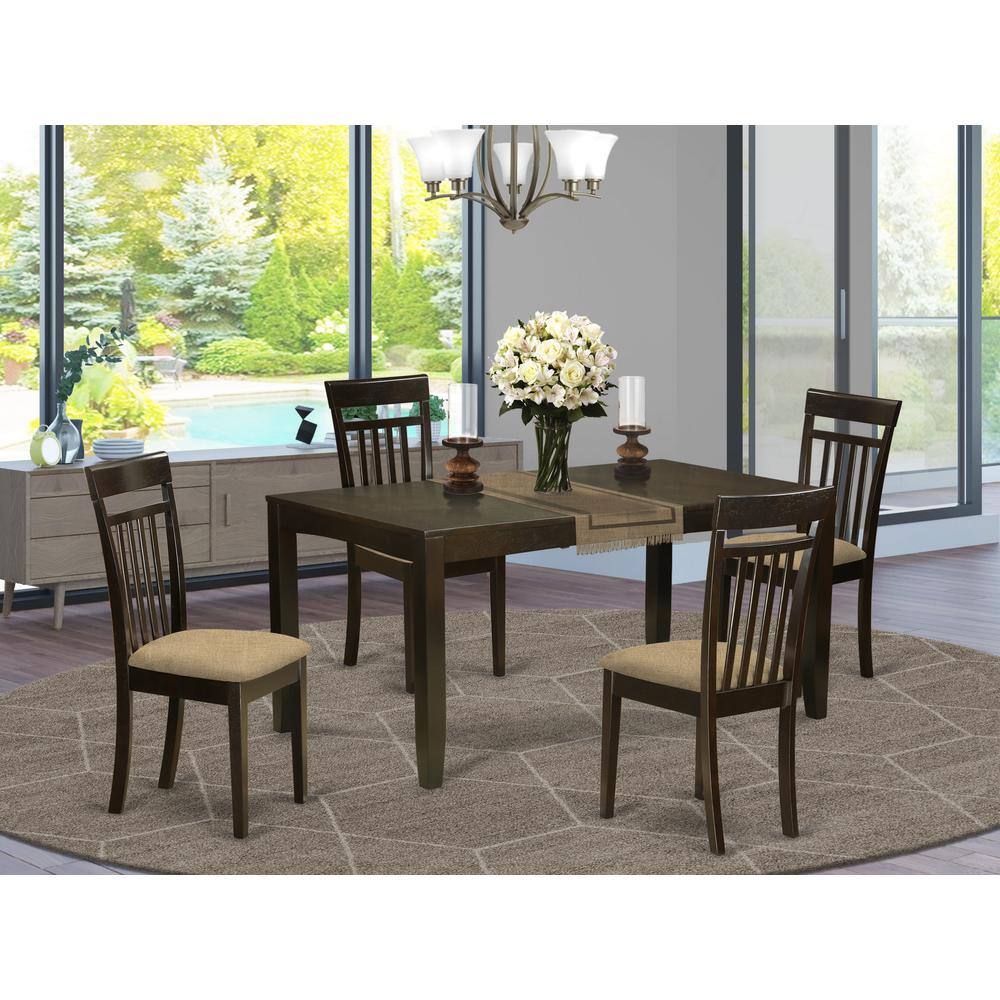 Angle. East West Furniture - LYCA5-CAP-C 5 Pc Dining room set-Dining Table with Leaf Plus 4 Kitchen Chairs - Cappuccino.