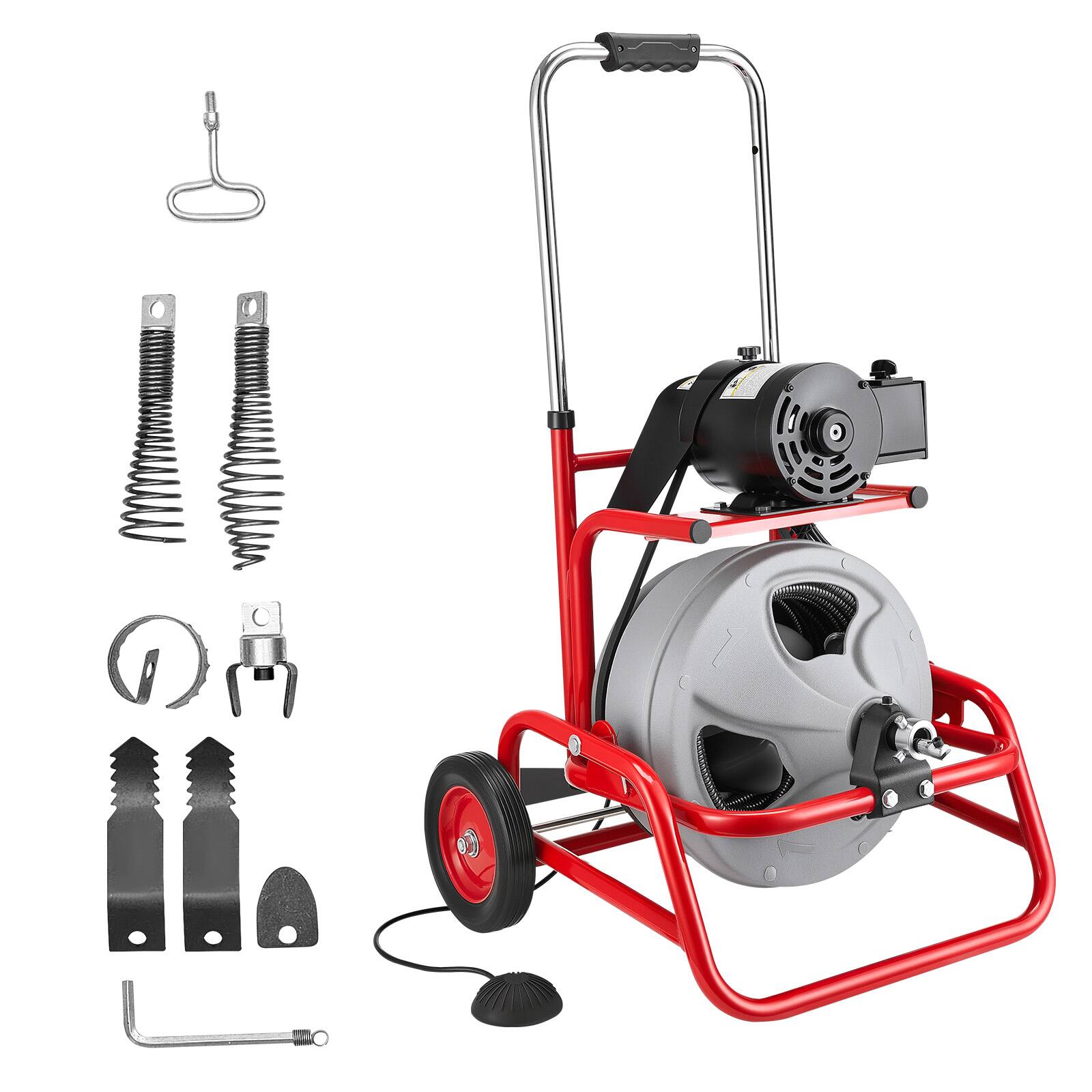 Alt View 5. VEVOR - Drain Cleaner Machine 75 FT x 3/8 Inch, Sewer Snake Auger on Wheels, Manual Feed Drain Cleaning Machine - Red stand + gray drum.