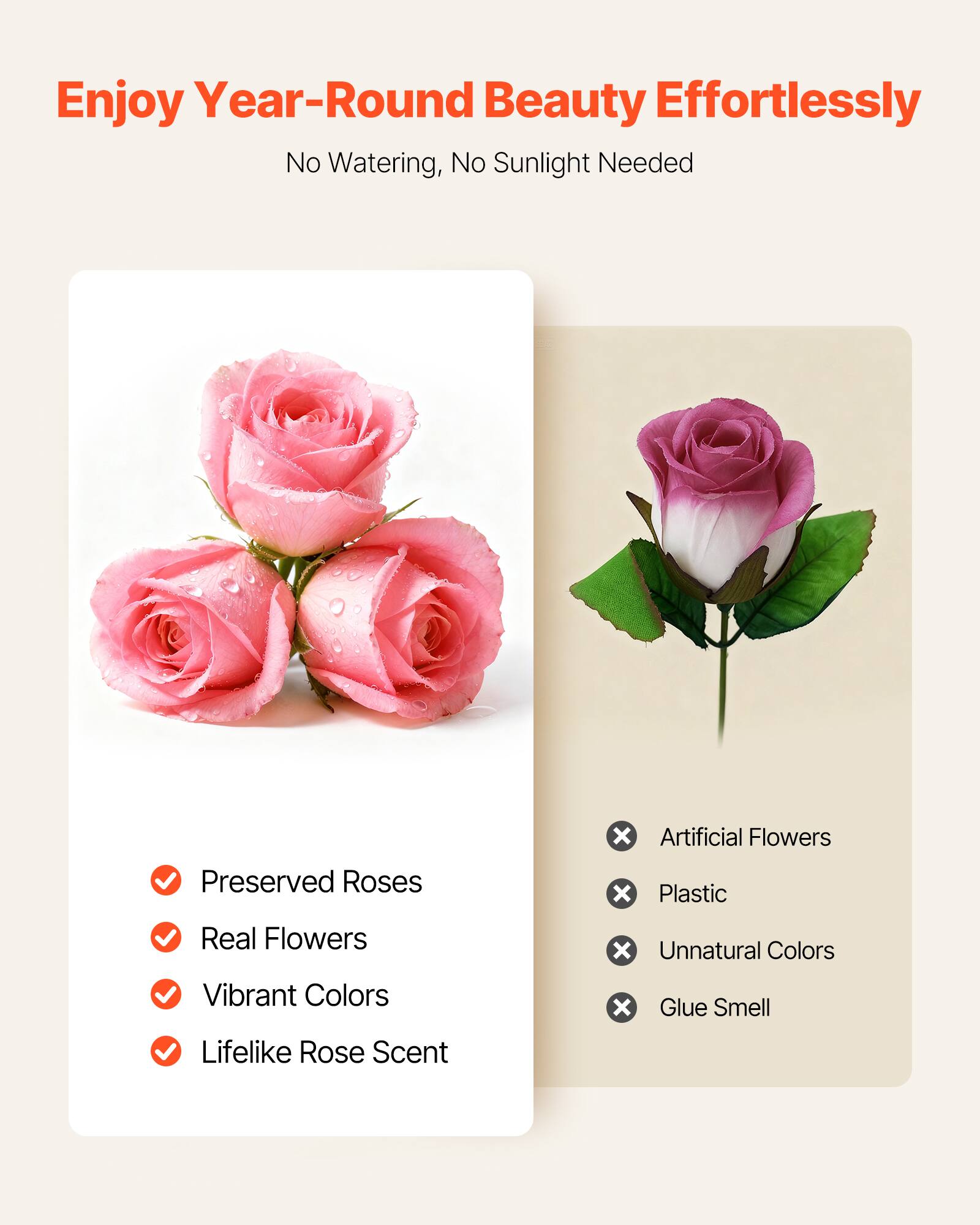 Enjoy Year-Round Beauty Effortlessly  
No Watering, No Sunlight Needed  

- Preserved Roses  
- Real Flowers  
- Vibrant Colors  
- Lifelike Rose Scent  

- Artificial Flowers  
- Plastic  
- Unnatural Colors  
- Glue Smell