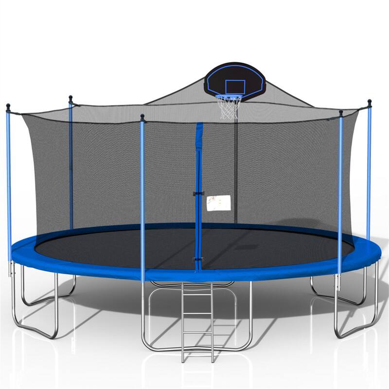 Angle. HTUTWOO - 16FT Trampoline with Basketball Hoop & Double-sided Cover, Ladder,Net,Jumping Mat,Spring Cover Padding for Adults & Kids - Blue.