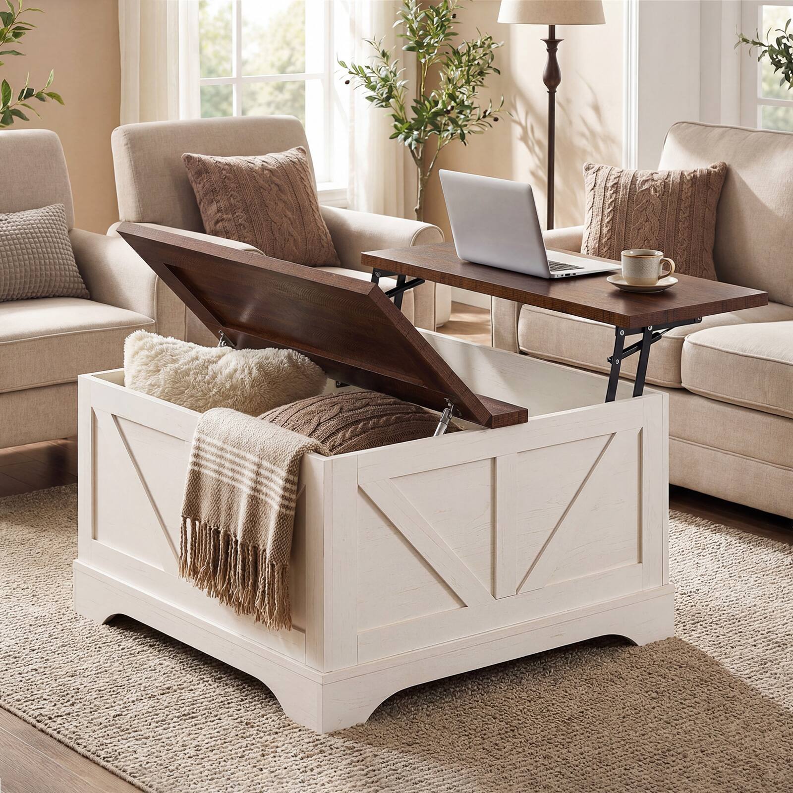 Alt View 1. Gymax - Gymax Farmhouse Lift Top Coffee Table w/ Lifting Tabletop & Hidden Compartment - White.