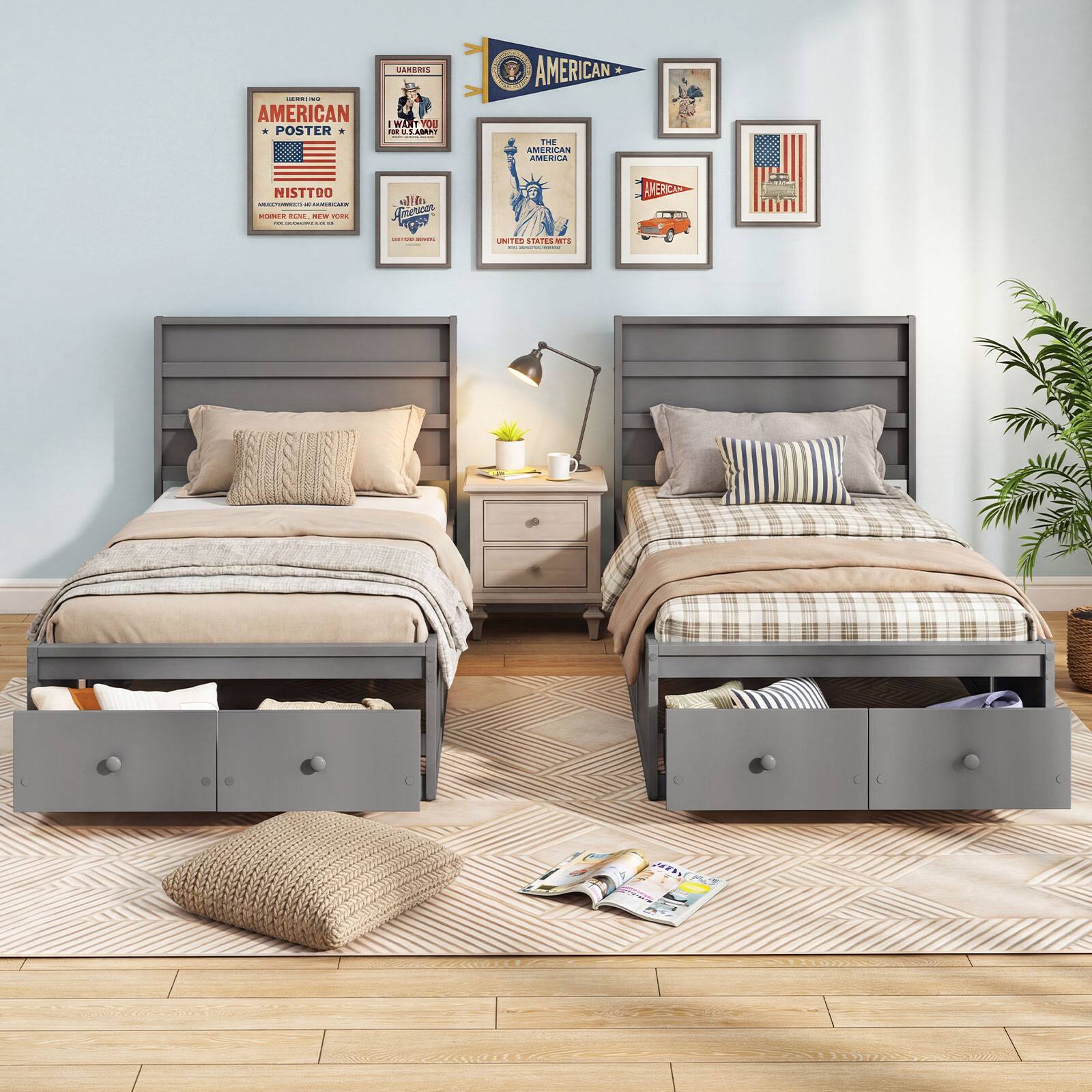 Gymax Twin Size Bed Frame w/Storage Drawers Headboard Wooden