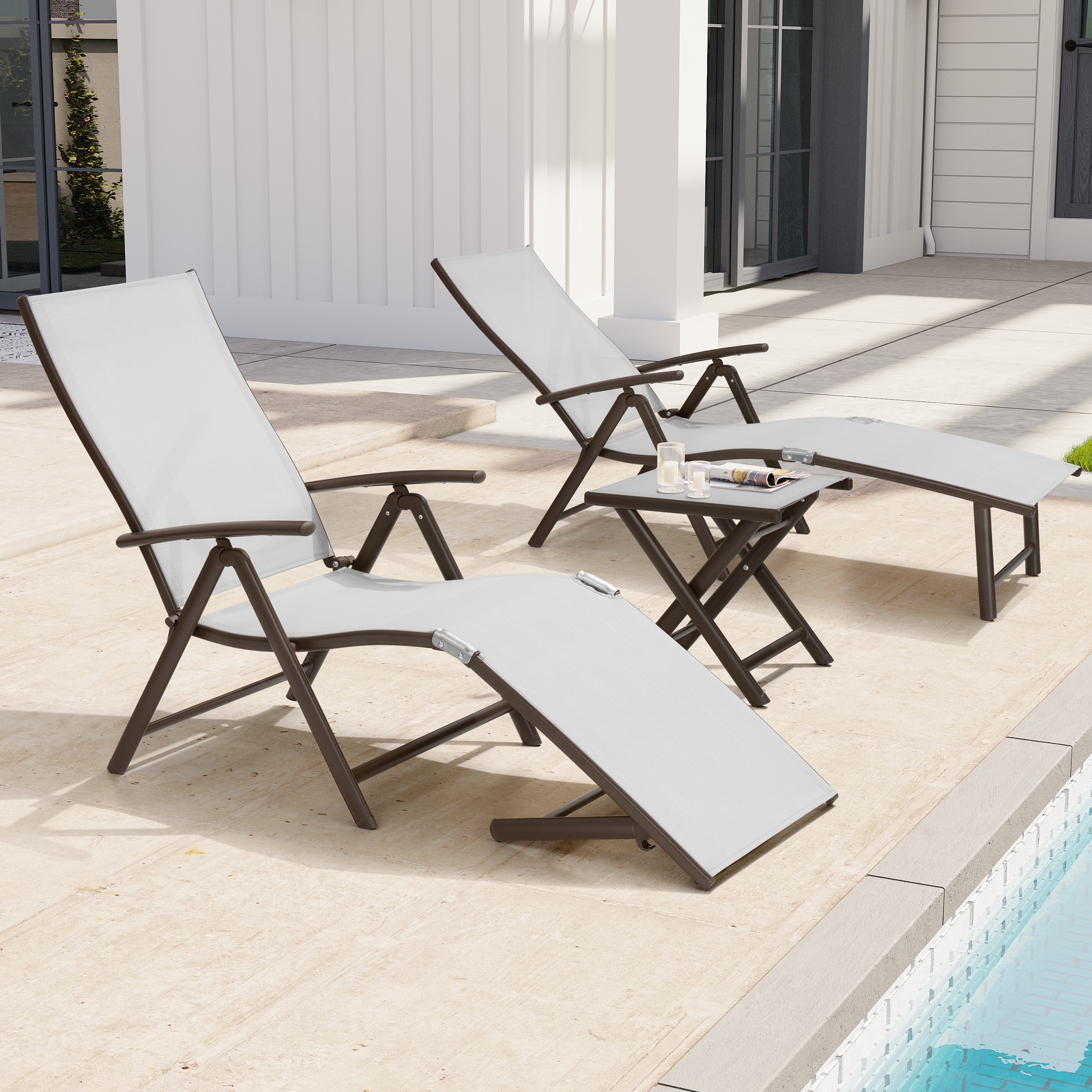 Crestlive Products - Outdoor Aluminum Adjustable Folding Chaise Lounge Chairs and Foldable Side Table - Light Gray
