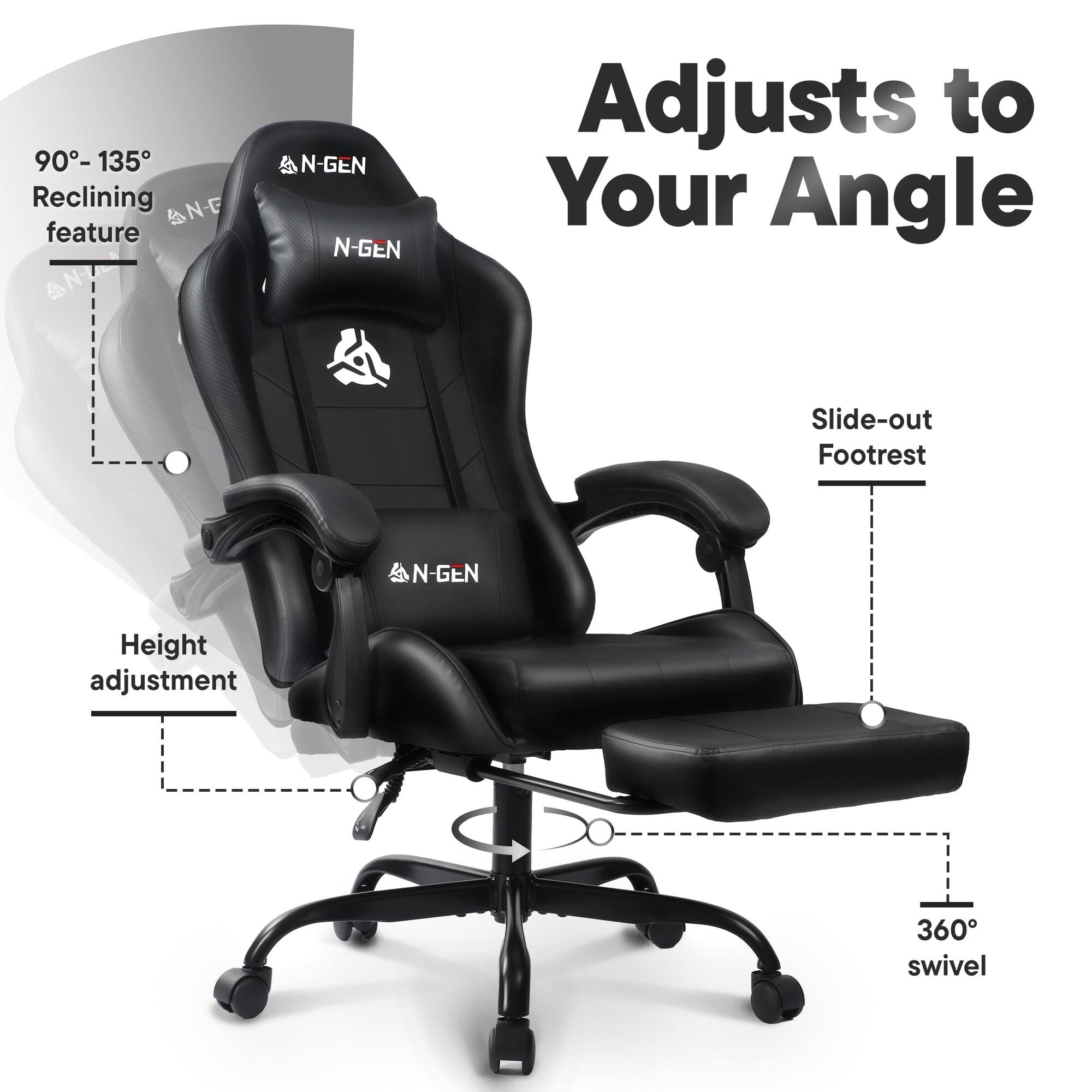 90° - 135° Reclining feature  
Adjusts to Your Angle  
Slide-out Footrest  
Height adjustment  
360° swivel