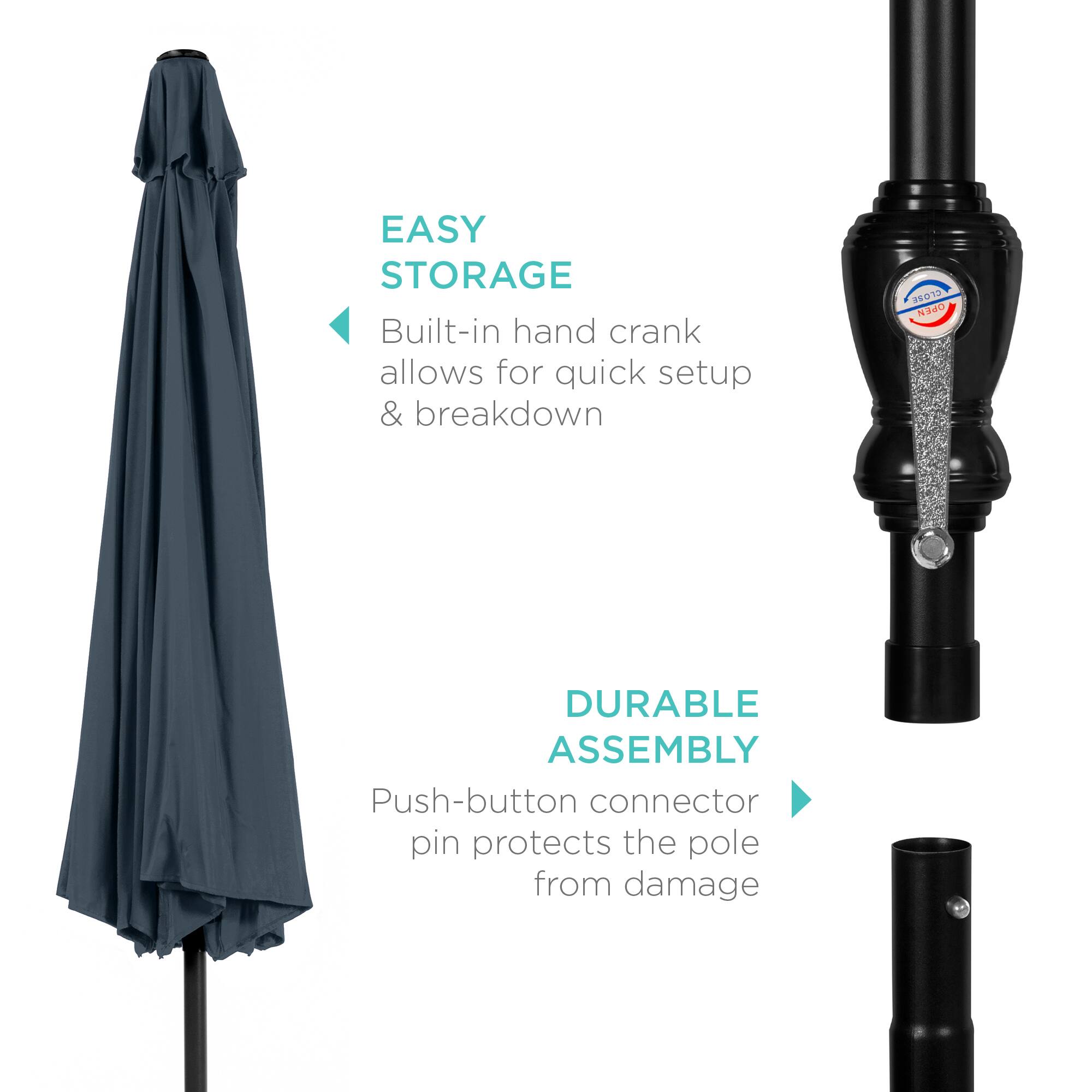 EASY STORAGE: Built-in hand crank allows for quick setup & breakdown.

DURABLE ASSEMBLY: Push-button connector pin protects the pole from damage.