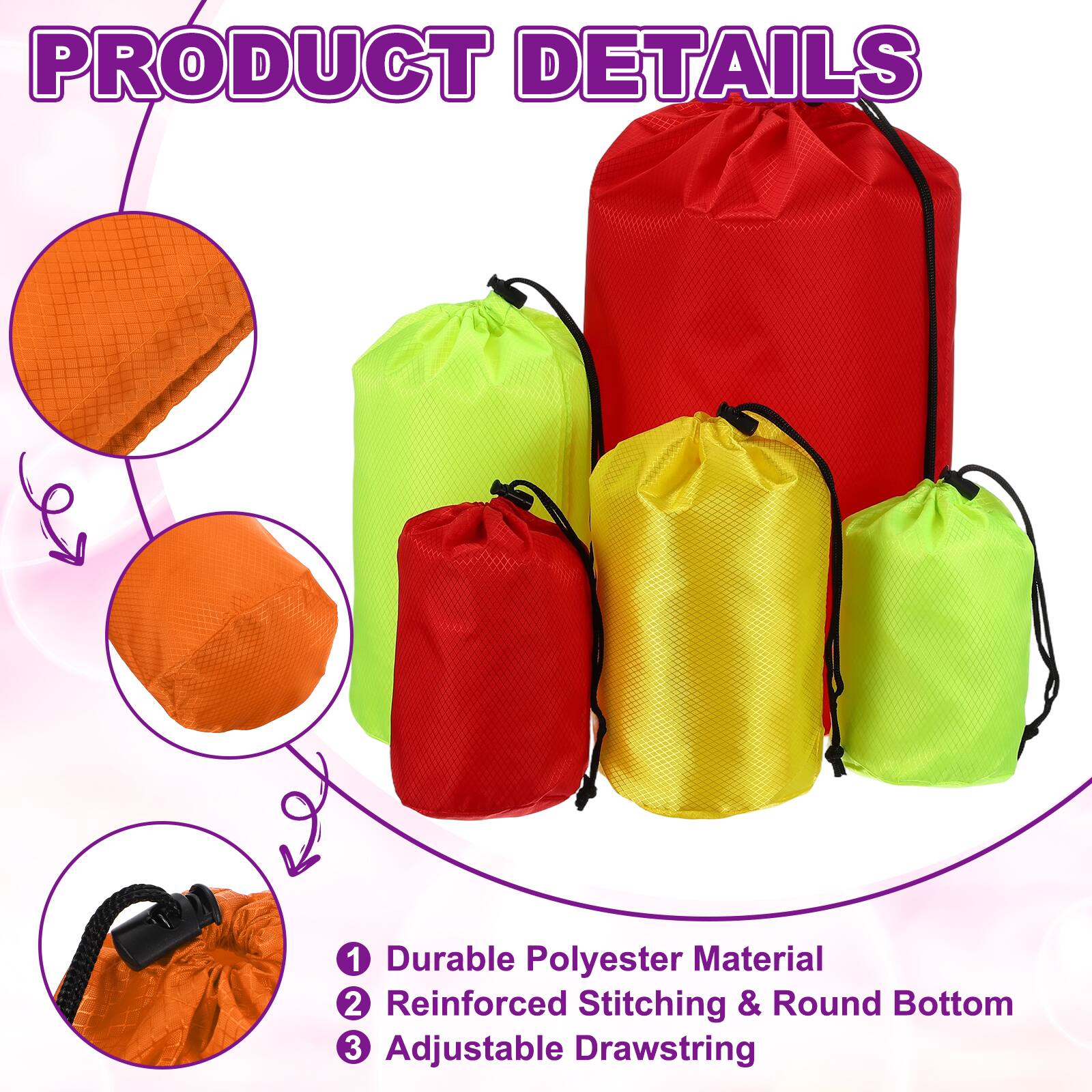 PRODUCT DETAILS

1. Durable Polyester Material
2. Reinforced Stitching & Round Bottom
3. Adjustable Drawstring