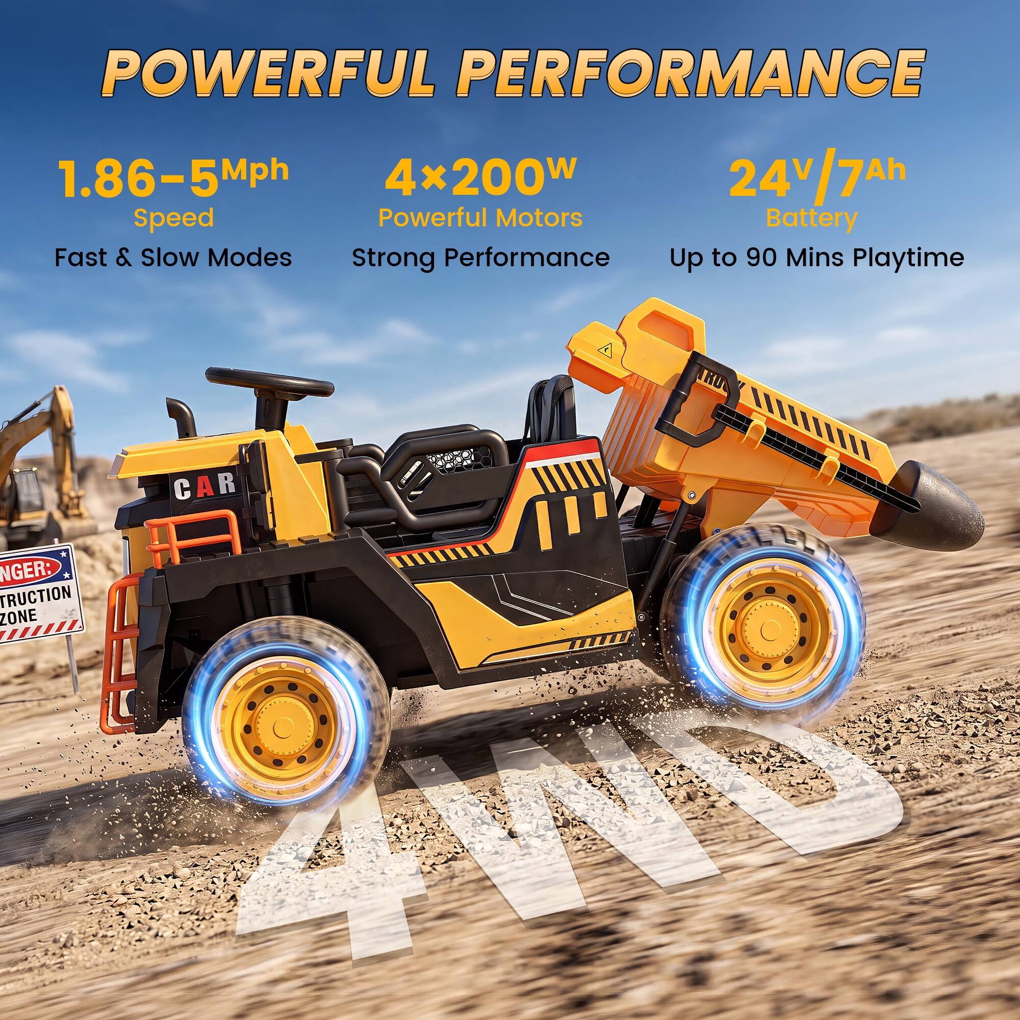 POWERFUL PERFORMANCE  
1.86-5Mph  
4x200w  
24v/7Ah  
Speed  
Powerful Motors  
Battery  
Fast & Slow Modes  
Strong Performance  
Up to 90 Mins Playtime