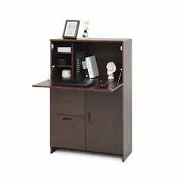 Ecooso - Desk Cabinet with Storage Drawer & Shelves, Fold-Up Desktop for Home, Office, Dormitory, Small Space Organizer - Walnut