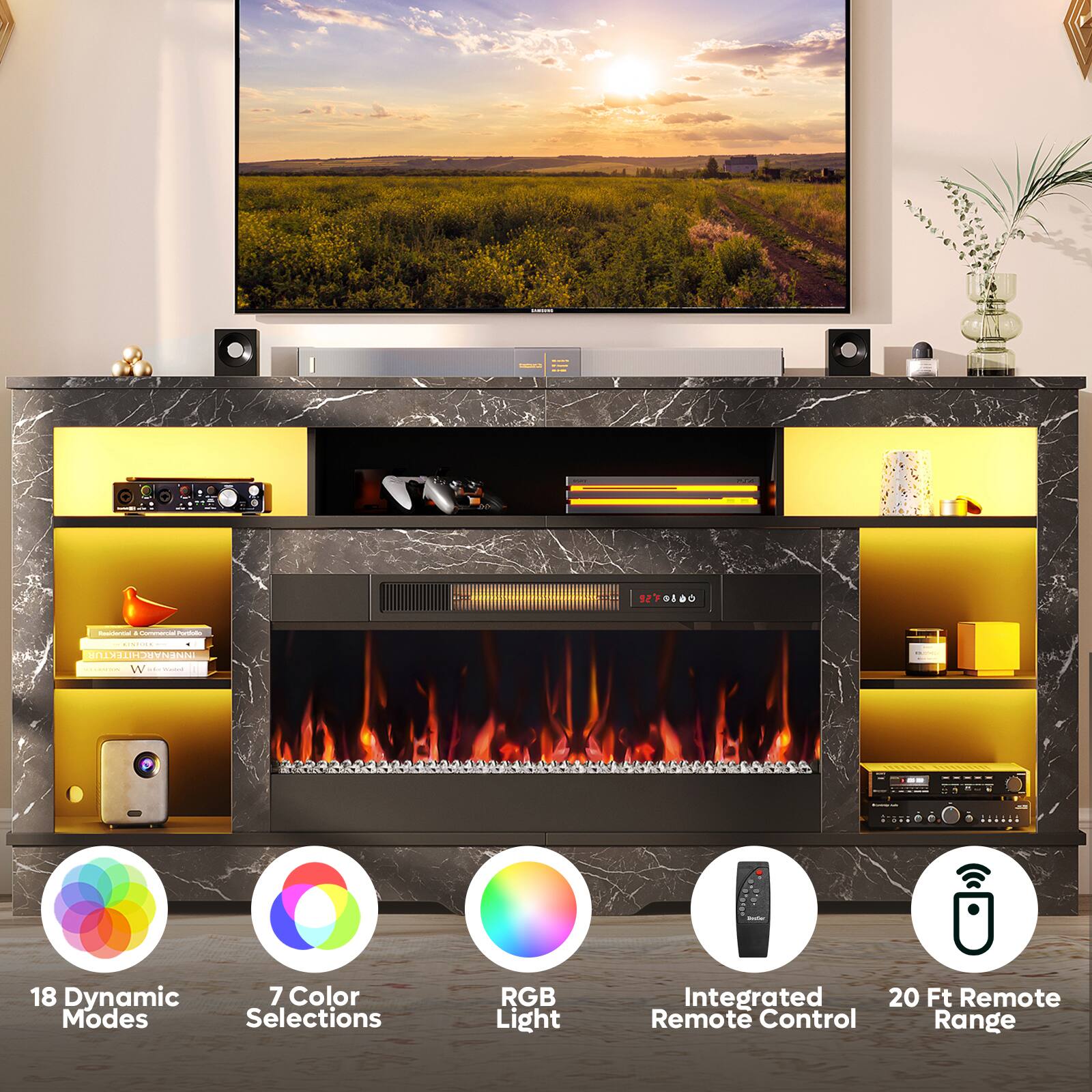 18 Dynamic Modes  
7 Color Selections  
RGB Light  
Integrated Remote Control  
20 Ft Remote Range