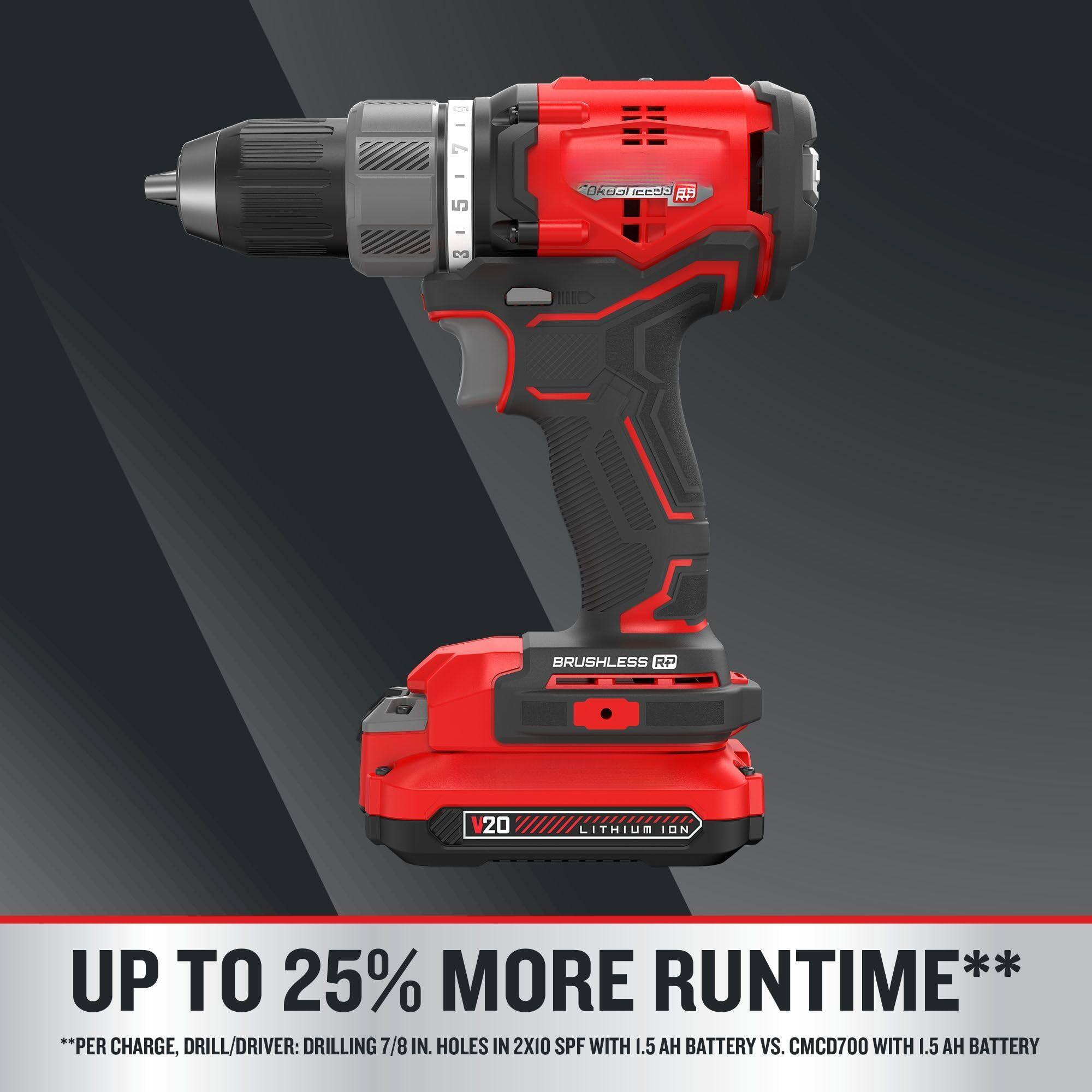 Sure, here is the corrected and grouped text:

---

**BRUSHLESS RP**

**LITHIUM ION**

**20V**

**UP TO 25% MORE RUNTIME**  
*PER CHARGE, DRILL/DRIVER: DRILLING 7/8 IN. HOLES IN 2X10 SPF WITH 1.5 AH BATTERY VS. CMCD700 WITH 1.5 AH BATTERY*

---

This text is from the image of a cordless drill and battery pack.